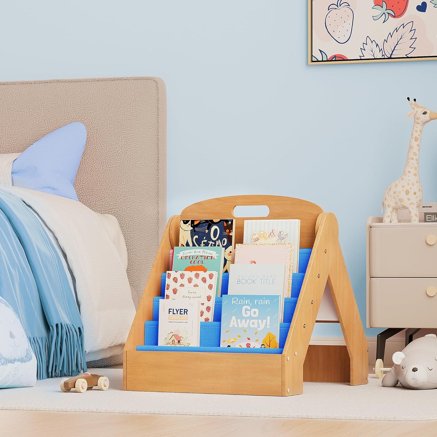 ZIFTY Kids Bookshelf 2-in-1 Design Book Organizer and Easel for Kids, Montessori Book Shelf for Kids Rooms, 4 Tier Bookcase for Age 3+ Girl Boy´s Bedroom Decor, Storage for Small Toys, Blue
