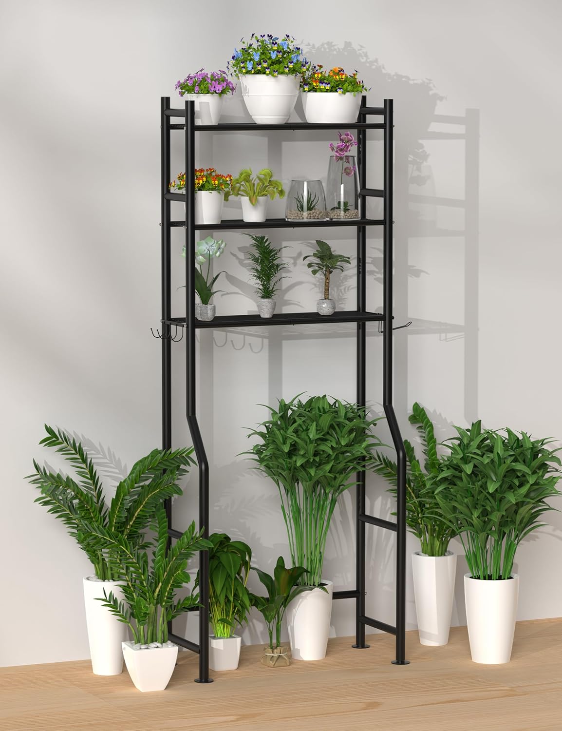 3-Tier Over The Toilet Storage, Freestanding Metal Bathroom Shelves with 4 Hooks, Over Toilet Storage Shelf with Paper Holder, Above The Toilet Shelf for Bathroom Storage, Black