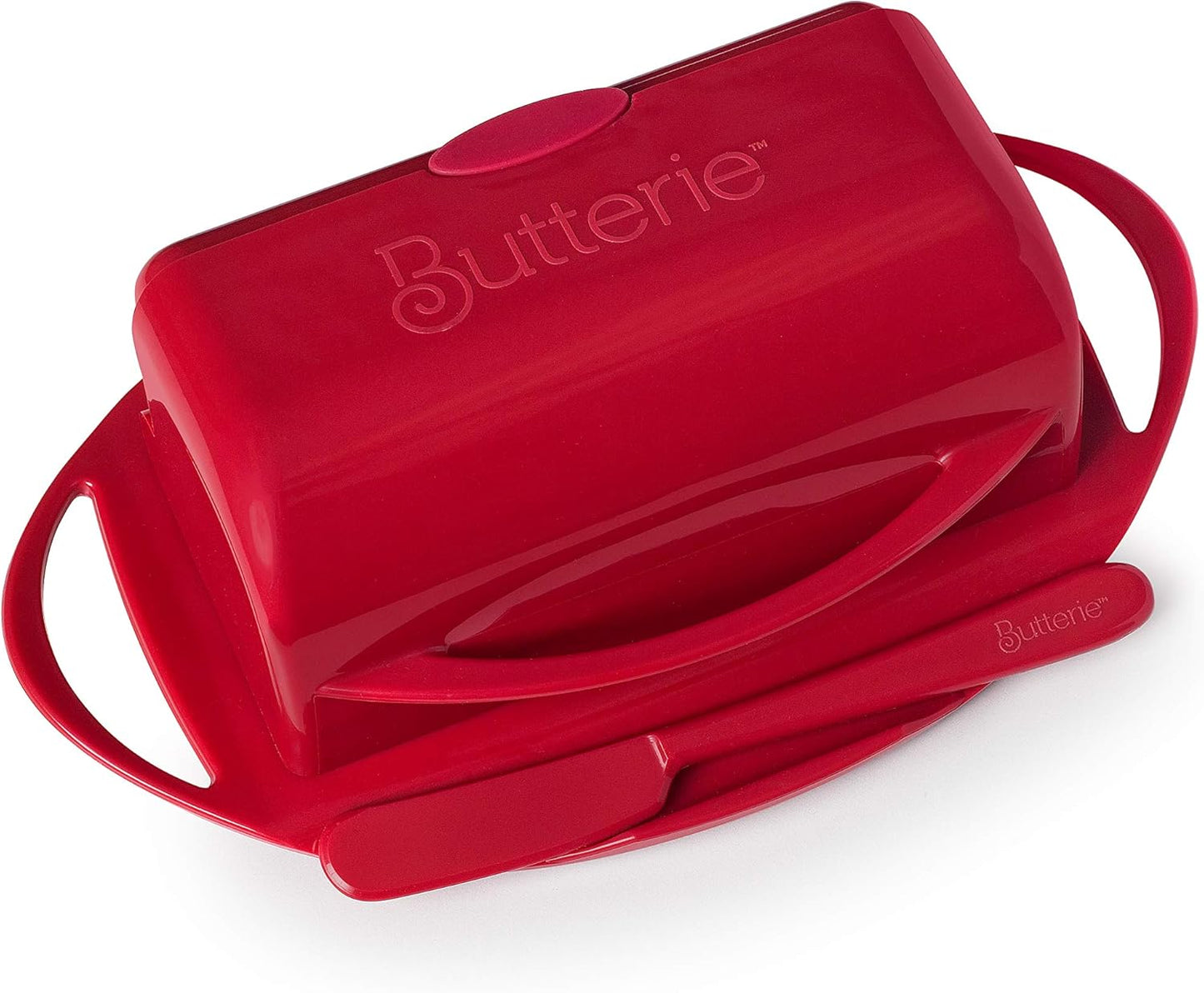 Butterie Flip-Top Butter Dish with Lid & Matching Knife, Holds 2 Sticks/European Butter, No-Mess Butter Holder, Shatterproof, Dishwasher Safe, Red - Retail $19