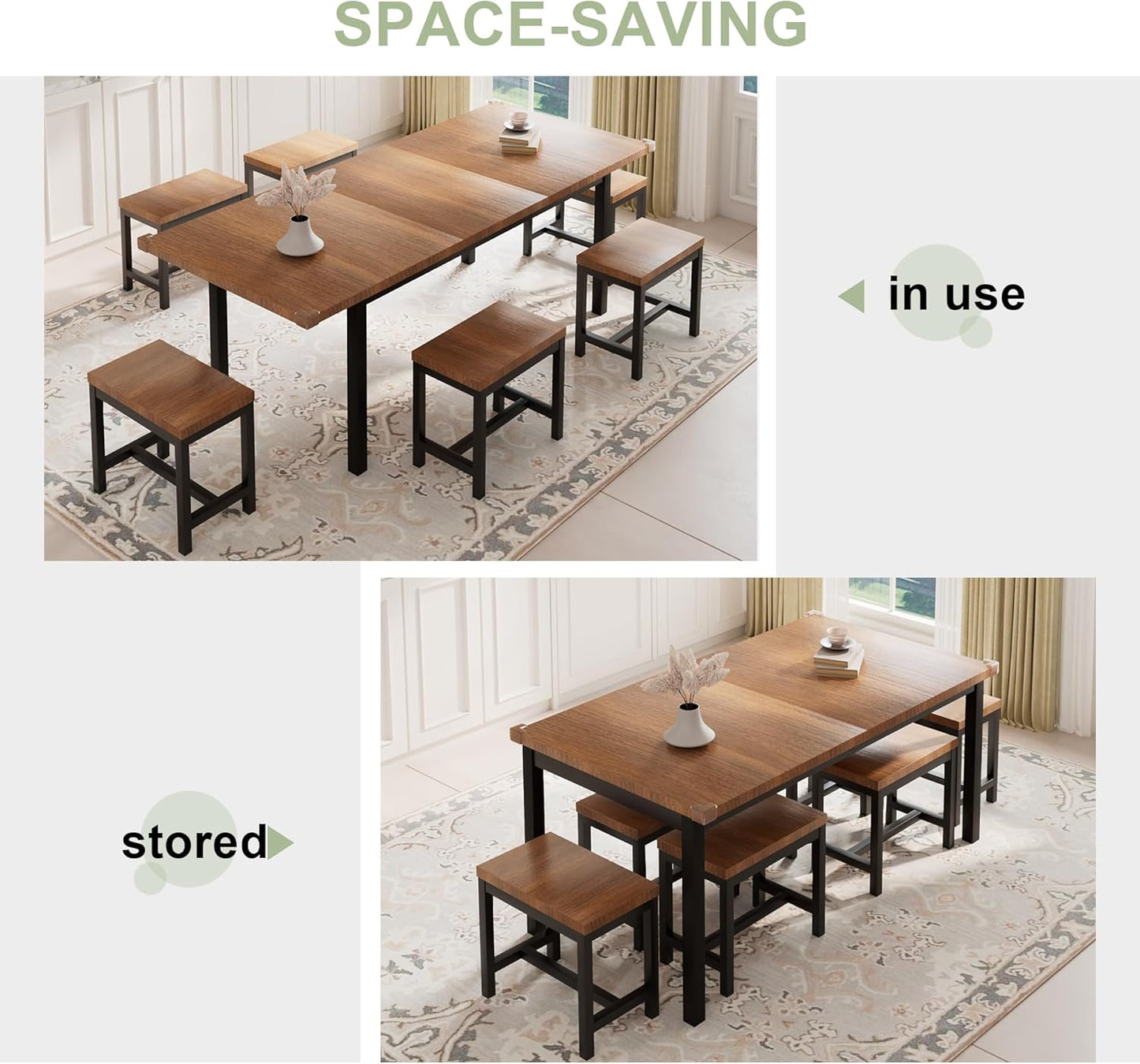 Feonase 7-Piece Dining Table Set with 6 Stools, 63" Large Extendable Kitchen Table Set for 4-8, Mid-Century Dining Room Table with Heavy-Duty Frame, Easy Assembly, Walnut