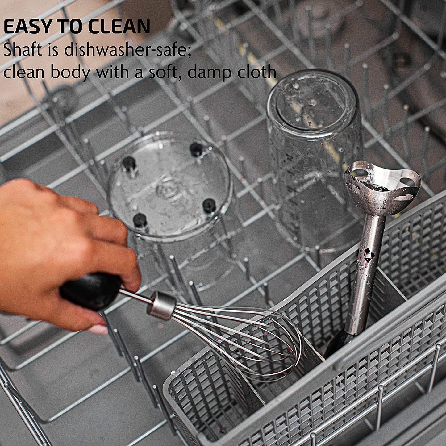 OVENTE Immersion Hand Blender, 300W Electric Handheld Portable Stick Mixer Set with 2 Mixing Speed, Stainless Steel Blades, Egg Whisk Attachment, Mixing Beaker and BPA-Free Food Chopper, Black HS565B