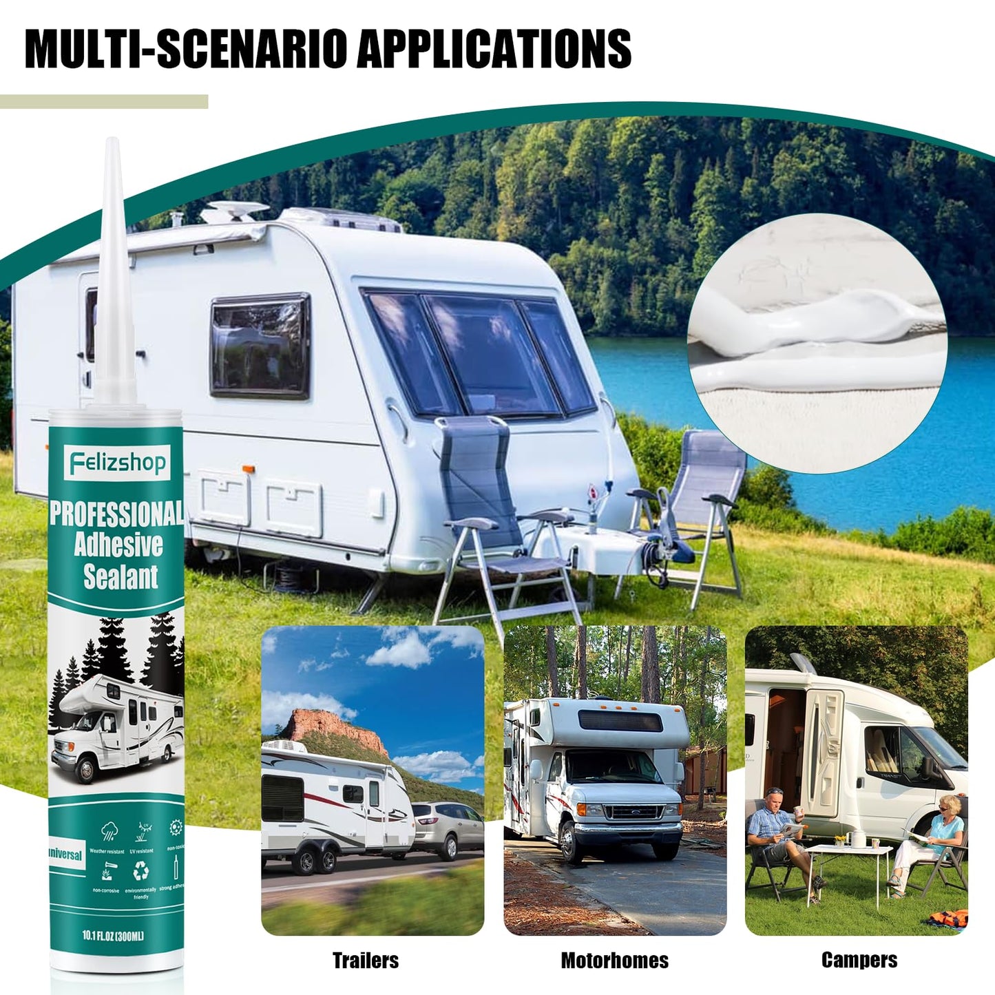 Silicone Caulk,RV Roof Sealant,Silicone Sealant for RV Roofs, 10 Packs RV Self Leveling Lap Sealant RV Caulk EPDM Sealant on Motorhomes, Trailers, Campers(White)