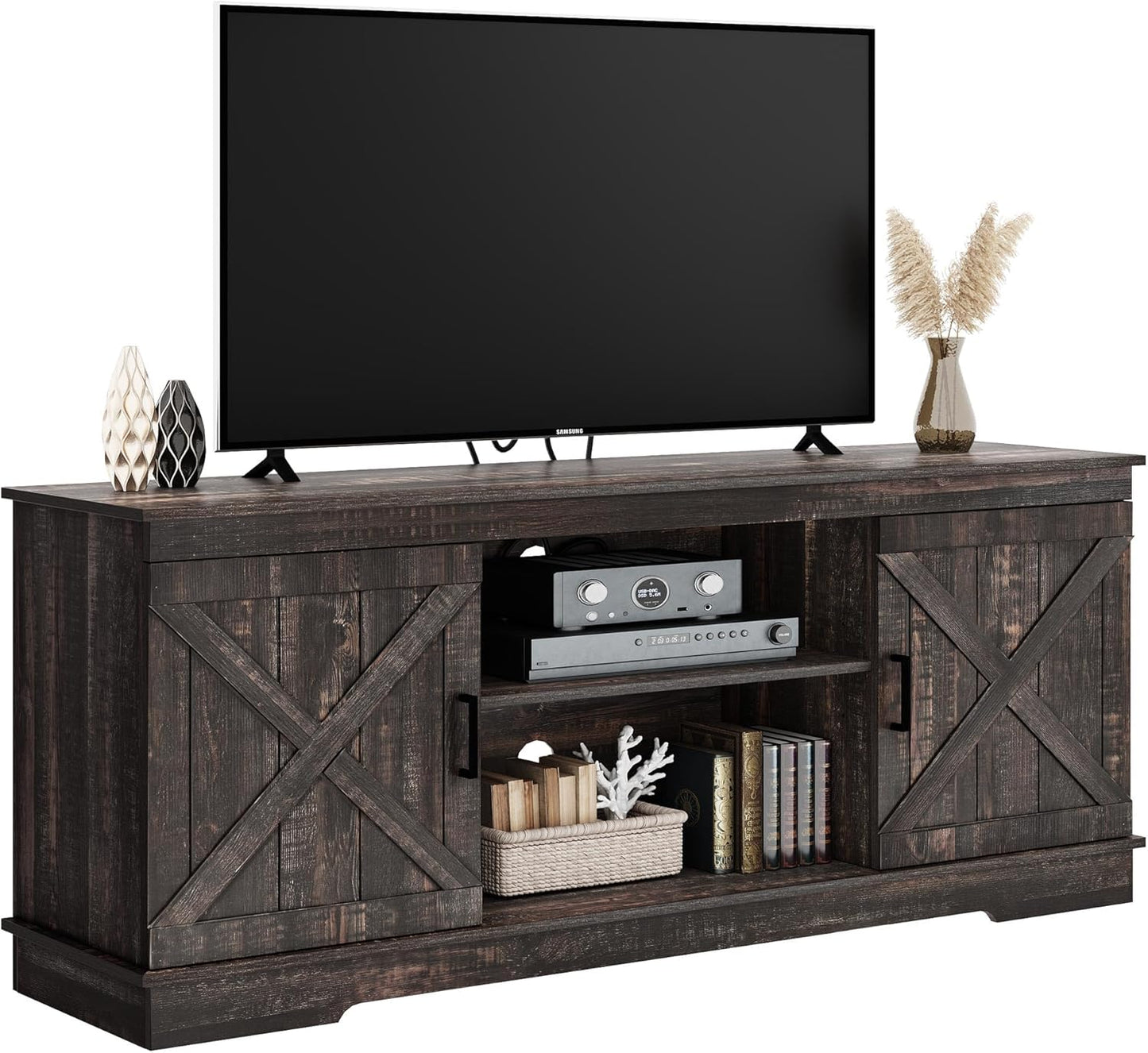 YITAHOME TV Console for 65 Inch TV, Farmhouse TV Stand with Double Barn Doors and Storage Cabinets, Mid Century Modern Media Console Table TV Cabinet for Living Room, 59 Inches, Grey White/Espresso