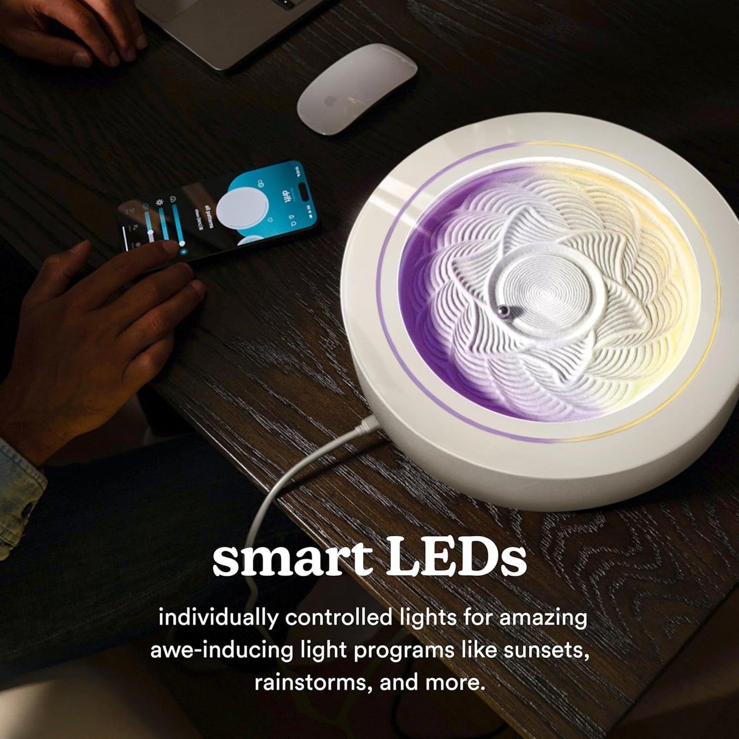 Homedics 11” Drift Sandscape, Compact Size, Zen Garden, Meditation Accessories, Decorative Sandscape, Smart LED Lighting, Wi-Fi Enabled (Cream)