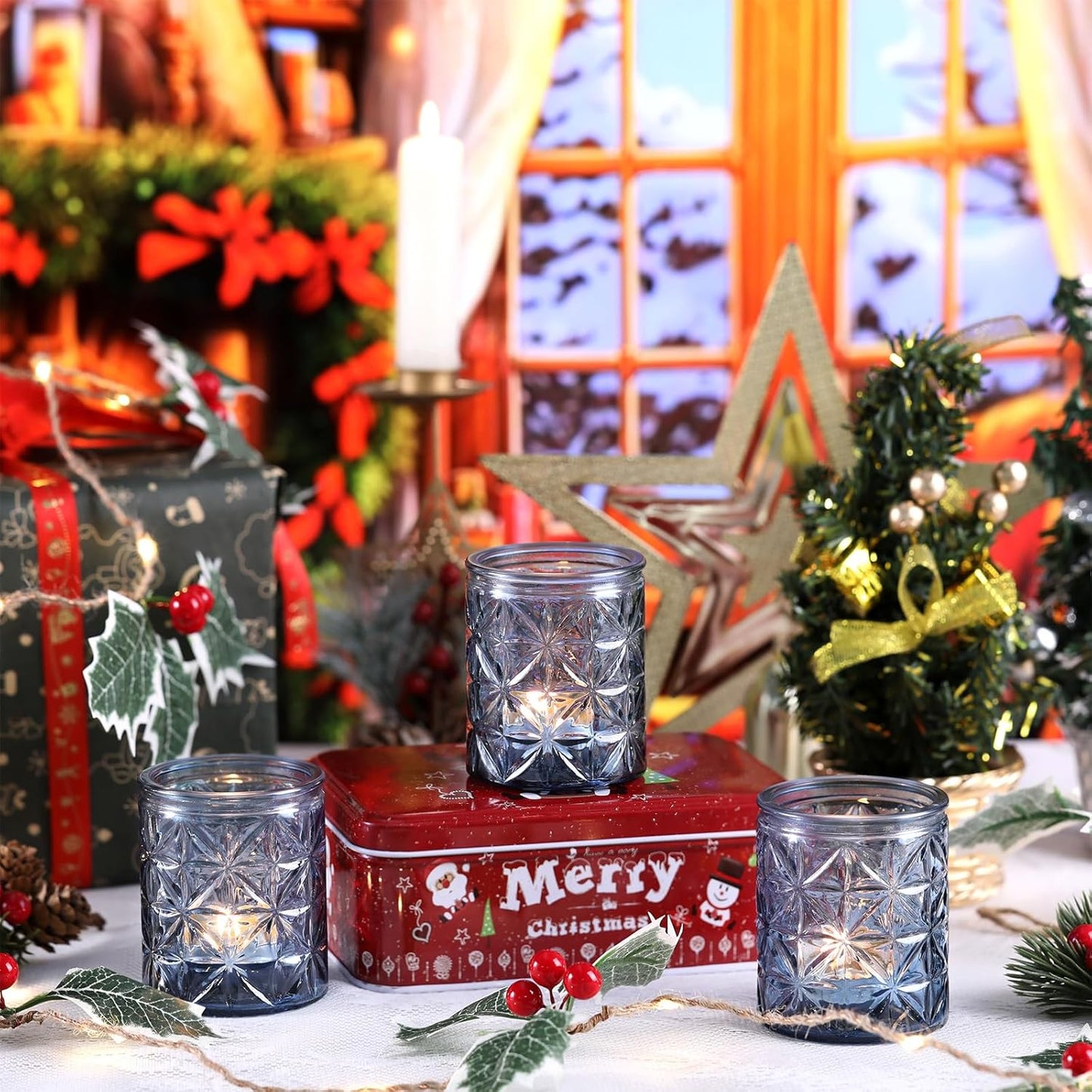 12 Pack Blue Votive Candle Holders,Vintage Blue Candle Holders