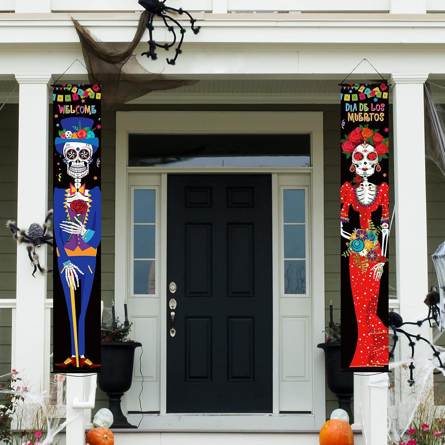 2 Pieces Day of The Dead Porch Sign Dia De Los Muertos Porch Decorations 11.8 x 70.9 Inch Autumn Mexico Welcome Halloween Door Banner Fall Hanging Wall Banner for Festival Indoor Outdoor Decoration
