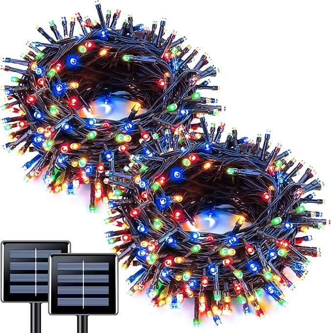 JMEXSUSS 2 Pack Solar String Light 100LED 32.8ft 8 Modes Solar Christmas Lights Waterproof for Gardens, Wedding, Party, Homes, Christmas Tree, Curtains, Outdoors (Multicolor)