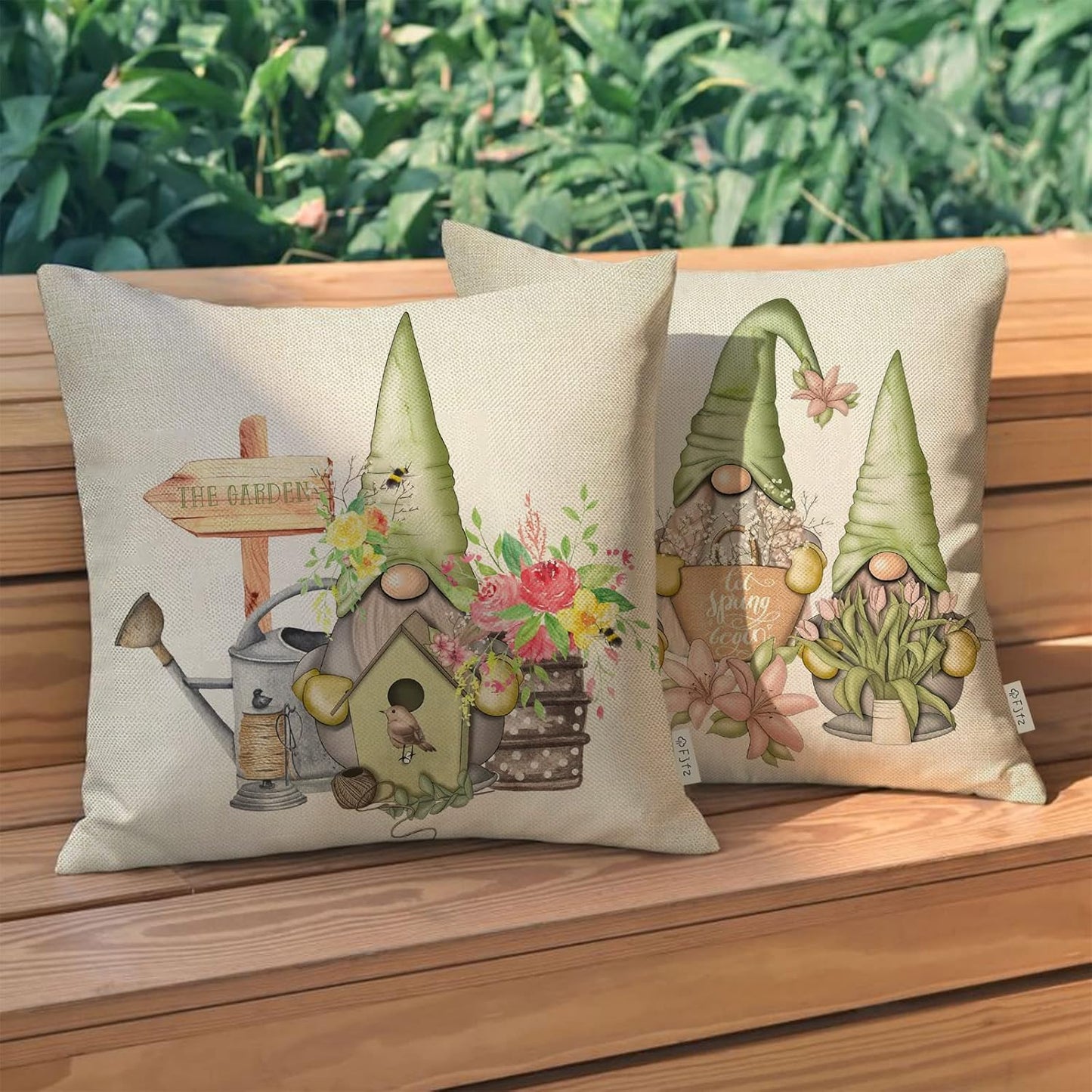 Spring Fever Gardening Gnome Truck Decorative Throw Pillow Cover 20x20 Set of 4, Lily Flowers Bee Bird House Watering Can Home Decors, Butterfly Green Birdhouse Rustic Decoration Floral Farmhouse