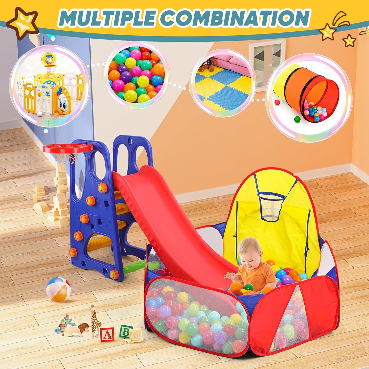 Playpen with Basketball Hoop and Zipper Storage Bag, 4 Ft/120CM, Balls Not Included (Blue Yellow Red)