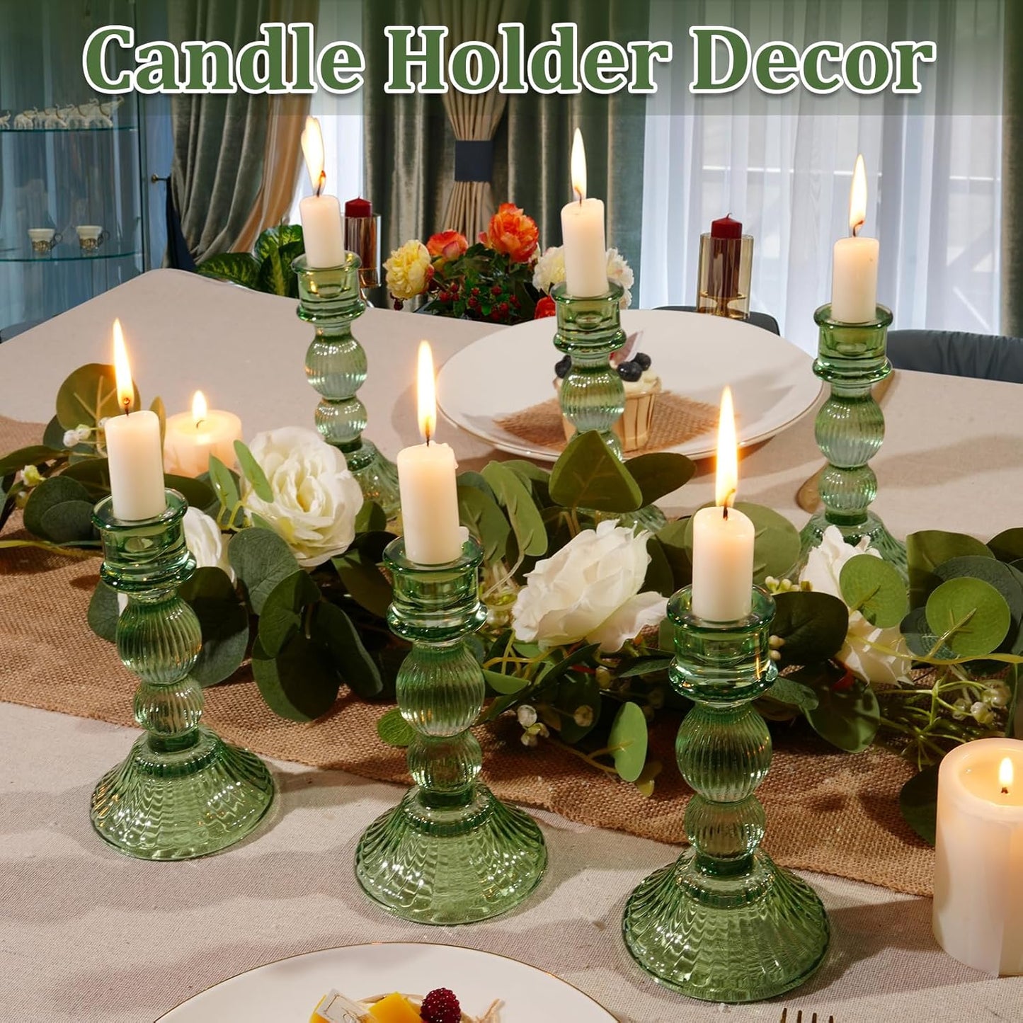 6" H Glass Candle Holder Set of 3, Taper Candles Holders - Candle Stick Holders for Home Decor Wedding Party & Table Centerpieces (Green, 3 Pcs)
