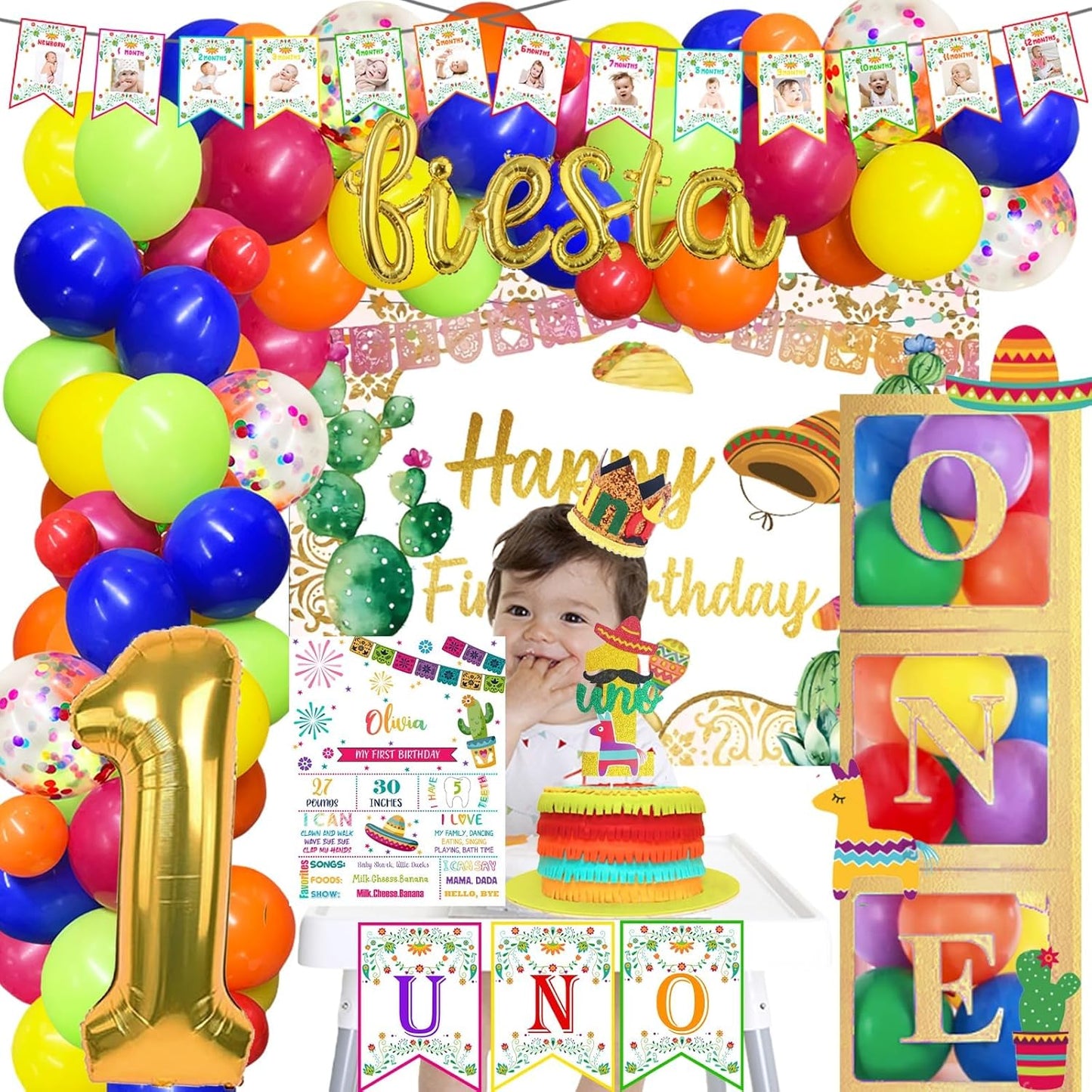 First Fiesta Birthday Decorations, Mexican Themed 1st Birthday Party Decorations, Cinco De Mayo Backdrop Balloon Garland Monthly Photo Uno Highchair Banner Box Cake Topper Crown Poster