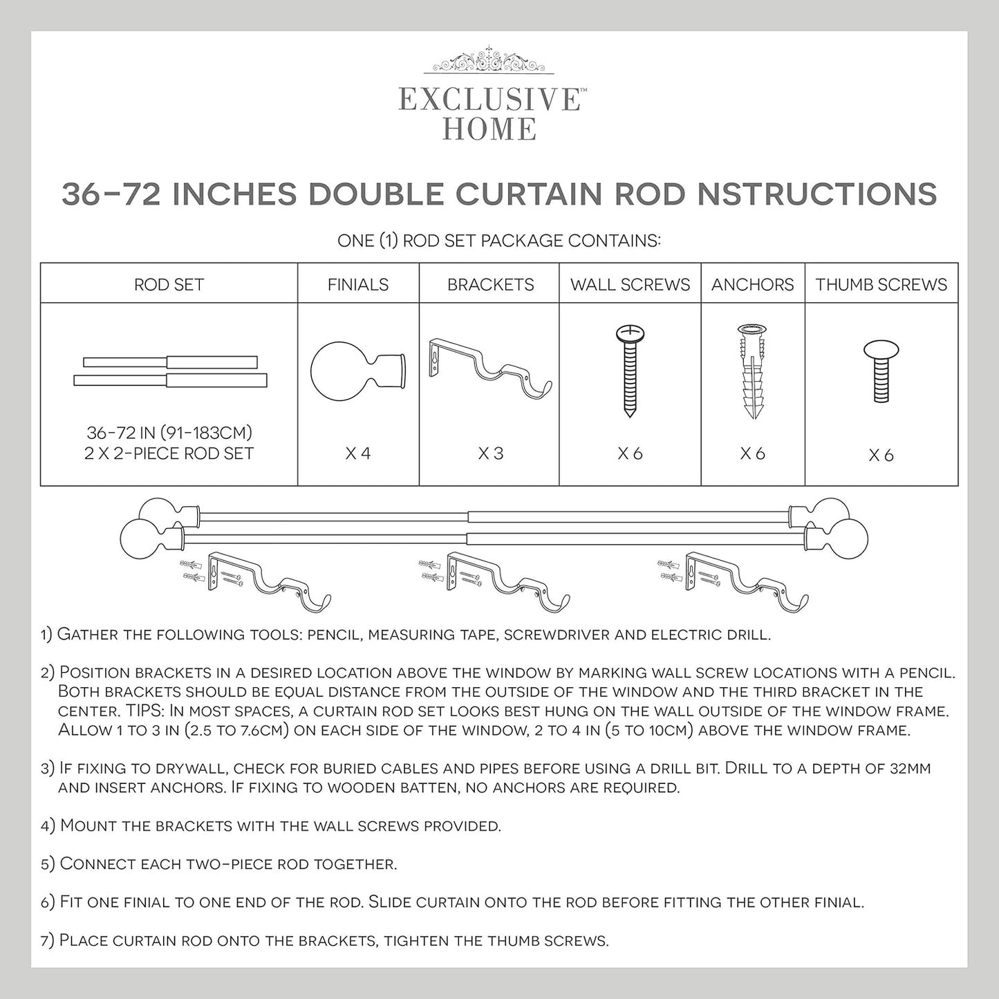 Exclusive Home Curtains Fetter Wrap Around Double Curtain Rod,52"-72", Matte Black - Retail $24