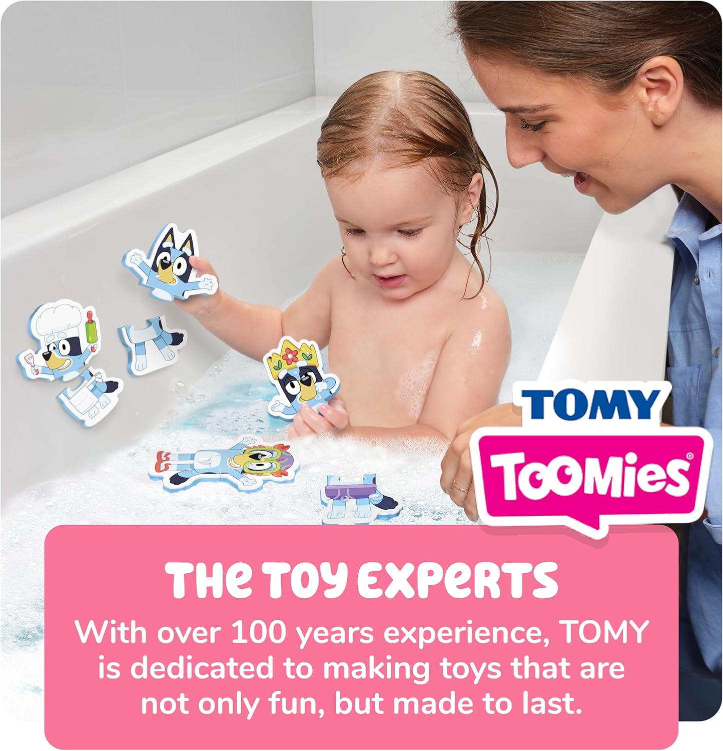 Tomy Toomies Bluey Bath Puzzle - Mix and Match Bluey Puzzle - Foam Toddler Bath Toys - Includes Mesh Bag Bath Toy Storage with Suction Cups - 8 Count - 18 Months and Up