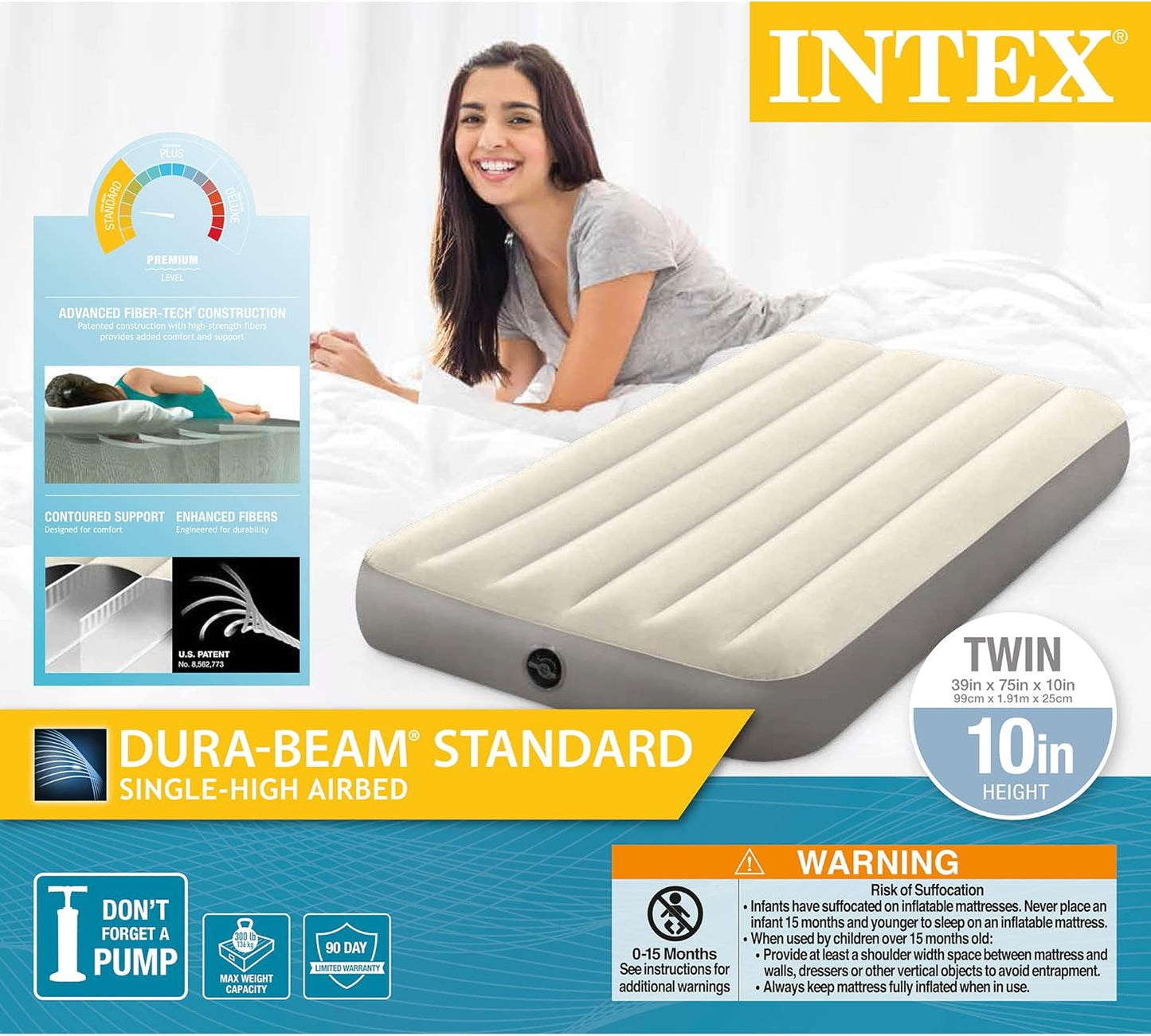 Intex 64103E Dura-Beam Standard Single-High Air Mattress: Fiber-Tech - Queen Size - 10in Bed Height - 600lb Weight Capacity - Pump Sold Separately