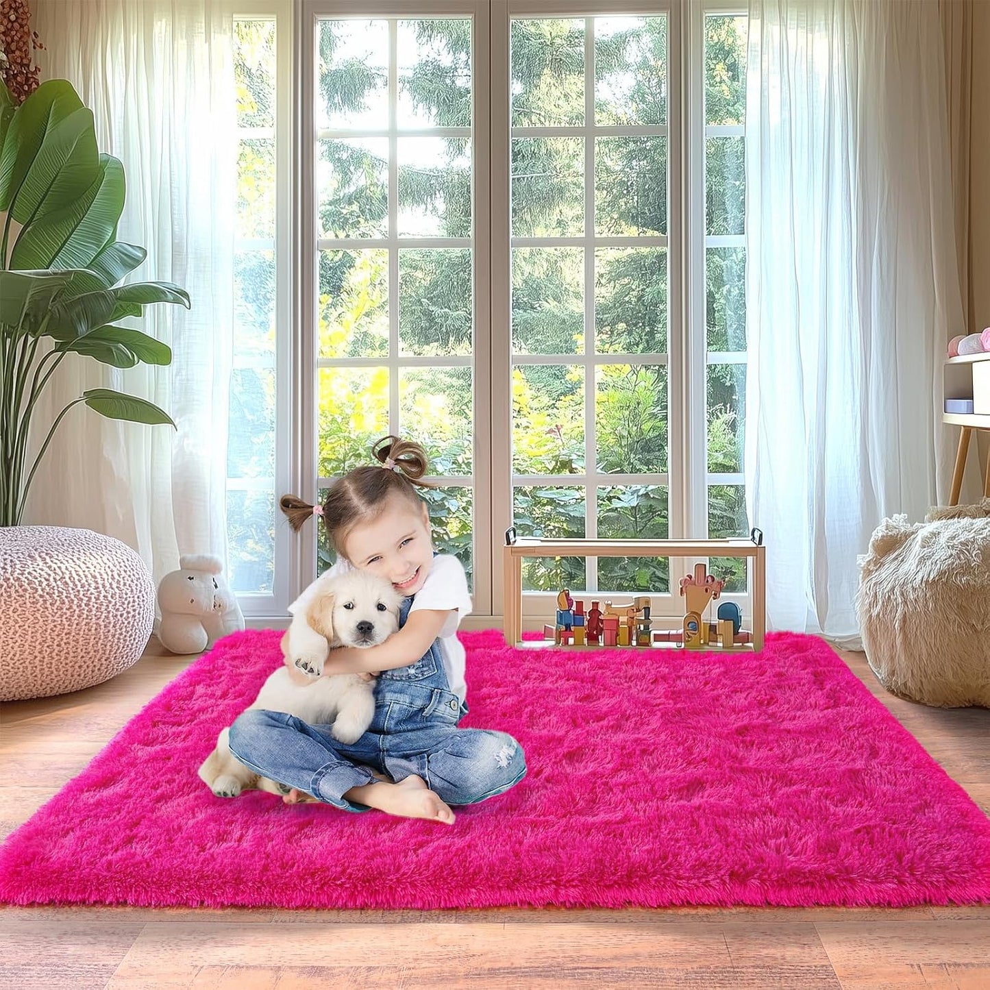 Hot Pink Fluffy Rug for Bedroom 5x7 ft - Ultra Soft & Non Slip Shaggy Area Rug, Comfy Girls Room Carpet for Living Room Kids Room Teens Dorm Home Decor, 1.7'' Thick Indoor Plush Carpets