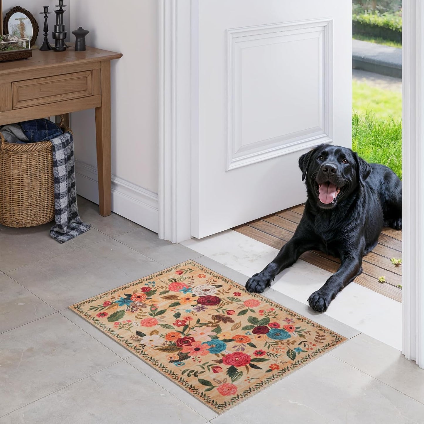 2X3 Washable Indoor Floral Rug, Ultra-Thin, Soft, Non-Slip, Stain Resistant, Low-Pile Throw