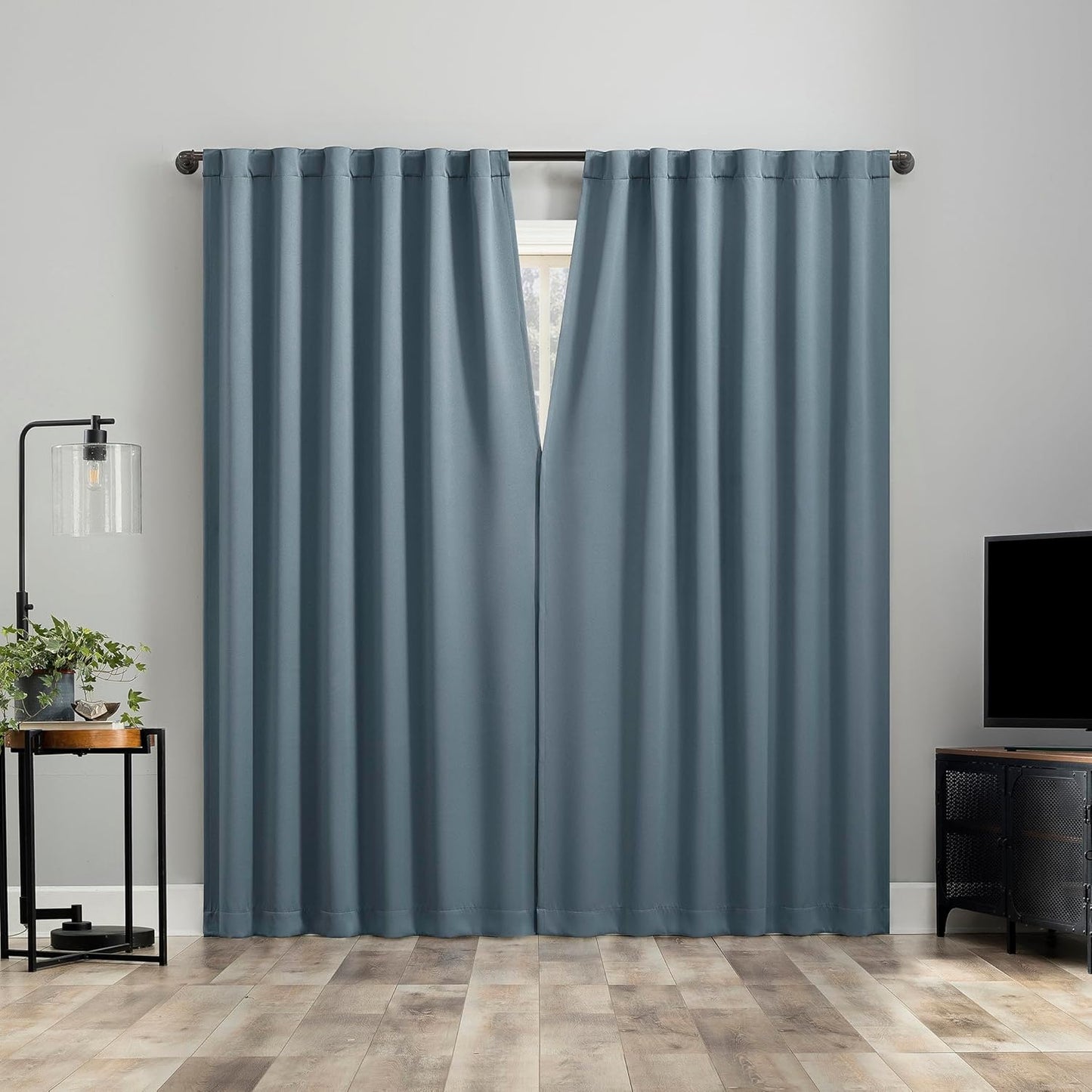 Sun Zero Belize 2-Pack Magnetic Closure Pleated Look Theater Grade 100% Blackout Back Tab Curtain Panel Pair, 52" x 96", Denim Blue