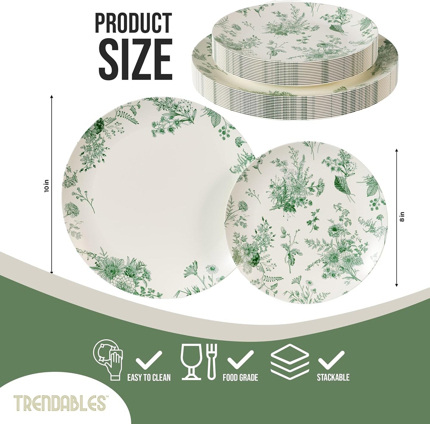 Trendables 40 Piece Plastic Disposable Plates Set For 20 Guests I 20 X 8 Inch Dessert Plates & 20 X 10 Inch Disposable Plastic Plates | Wedding Party Plates | Ivory & Green Verdure Design