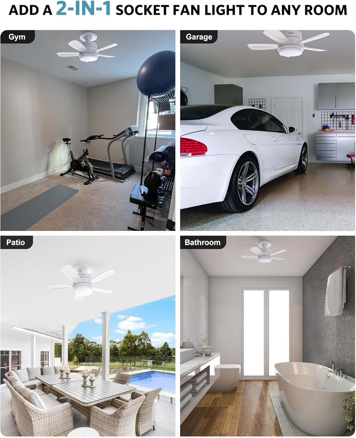 15.7" Socket Fan with Light and Remote, 3000K-6500K, 1700LM, Wireless Screw in Light Socket Fan for Bedroom, Kitchen, Living Room, Garage, E26 Base