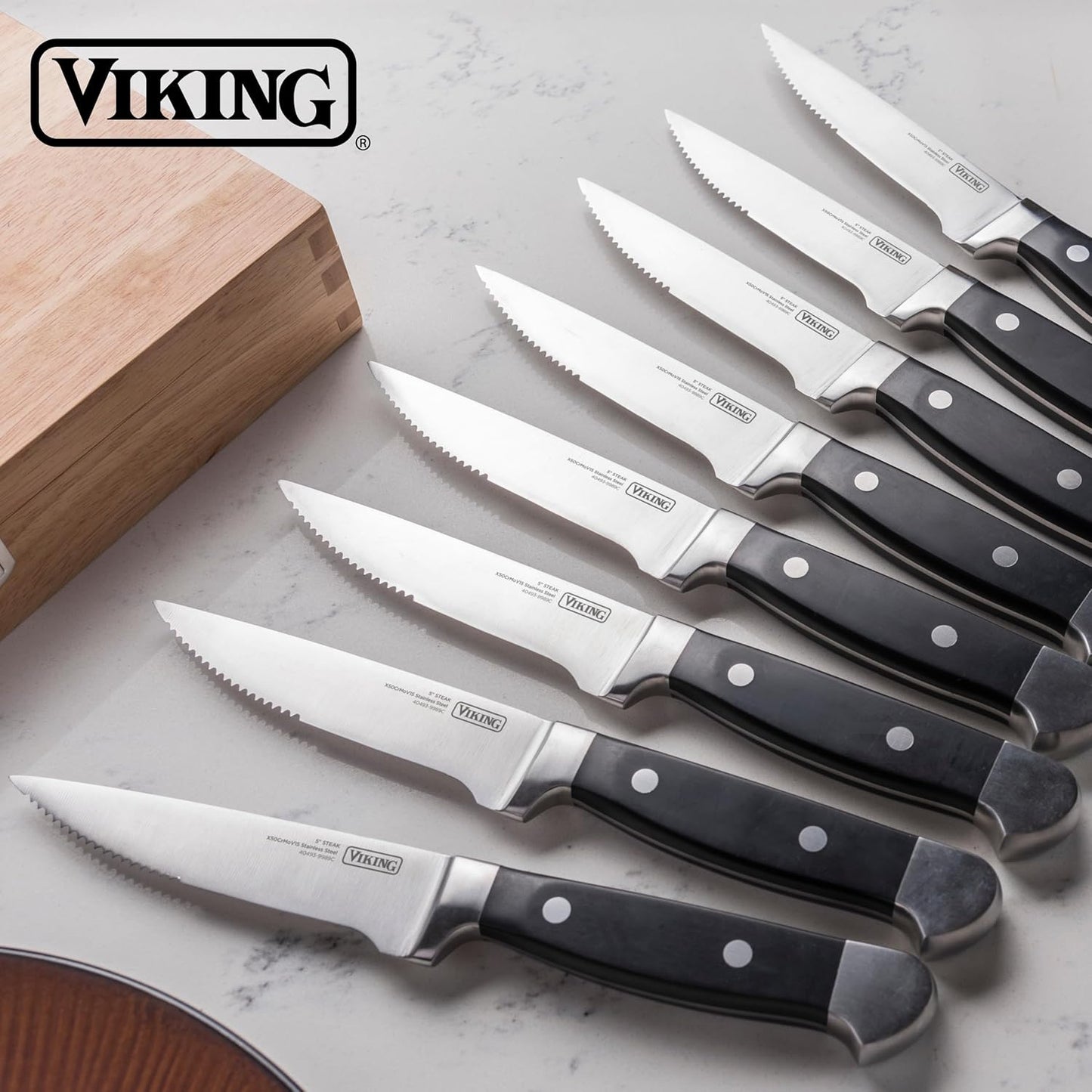 Viking Steak Knife Set, 8 Piece Stainless Steel Kitchen Knives Set with ABS Polymer Handles, Includes Wooden Gift Box, Hand Wash Only, Black - Retail $86