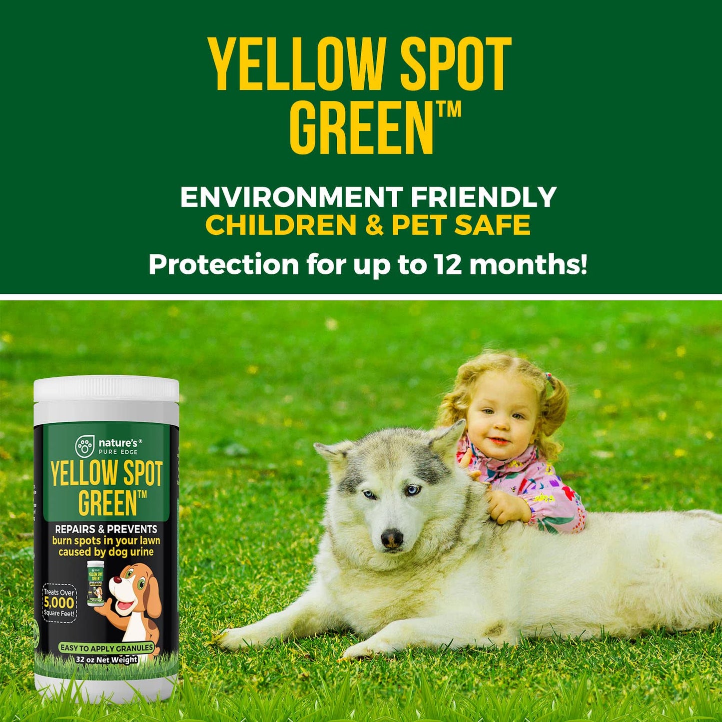 Yellow Spot Green™ Cures Urine Burns and Prevents Yellow Spots in Your Yard. Dog Urine Neutralizer for Lawns. Repair and Protect Grass from Dog Pee. Easy to Use Granules. Large 32 Ounce.