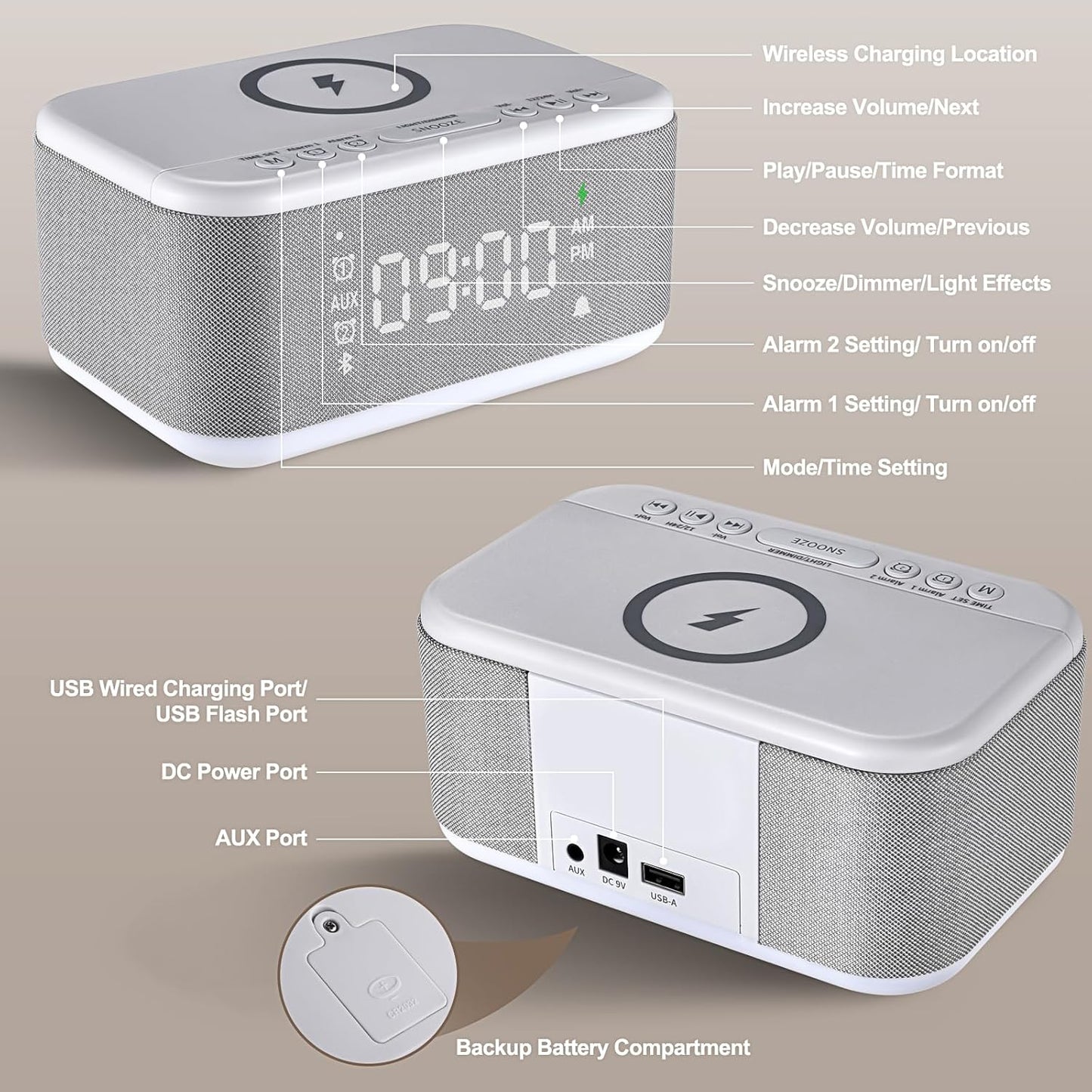 Alarm Clock Speaker Wireless Charger, Digital Alarm Clocks Bedrooms Bluetooth, Alarm Clock Dimmable Light Bedrooms Dual Alarm Snooze Dimmer 12 24H RGB Night Light Bluetooth USB AUX, White