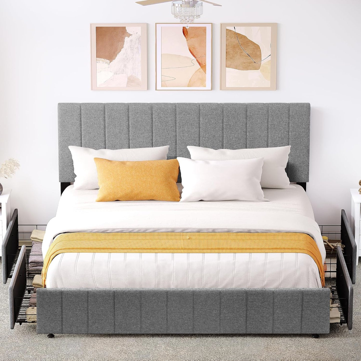 YITAHOME King Size Bed Frame, Storage Bed Frame with 4 Drawers, Adjustable Upholstered Headboard Platform Bed with Sturdy Wood Slat Support, No Box Spring Needed, Easy Assemble, Grey