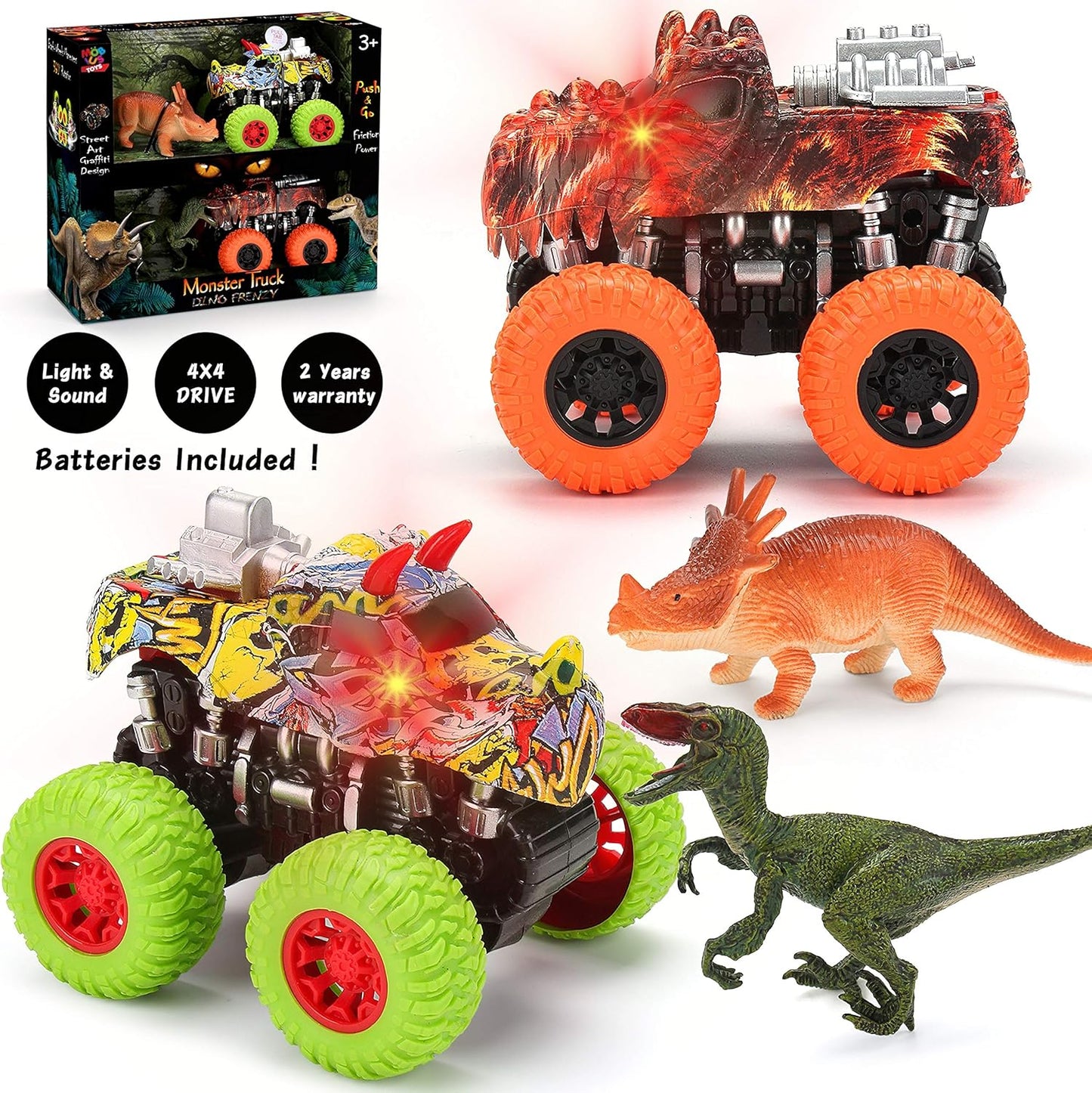 MÖBIUS Monster Truck Toy Set - 2 Dinosaur Trucks + 2 Realistic Toy Dinosaurs
