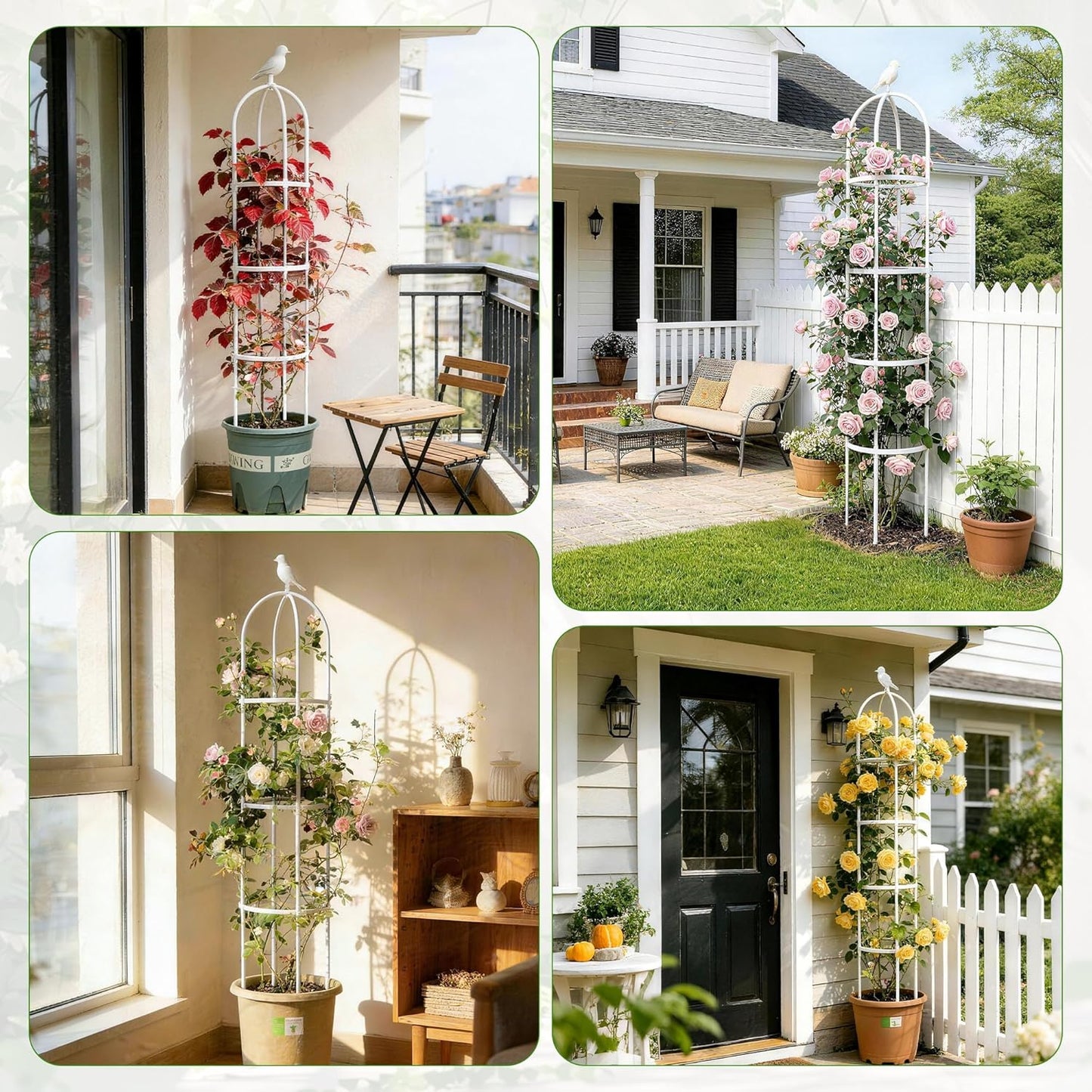 6ft Garden Obelisk Trellis for Climbing Plants-Rustproof Metal Pipe with Heavy Duty Plastic Coated, Garden Outdoor Indoor Potted Plant Support for Clematis Vine Jasmine Support (White)