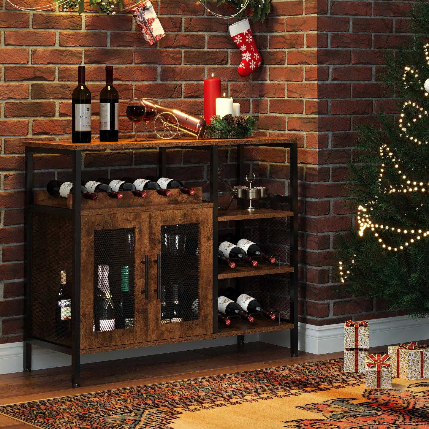 X-cosrack Wine Bar Rack Cabinet with Detachable Wine Rack, Coffee Bar Cabinet with Glass Holder, Small Sideboard and Buffet Cabinet with Mesh Door, Rustic Brown, Large