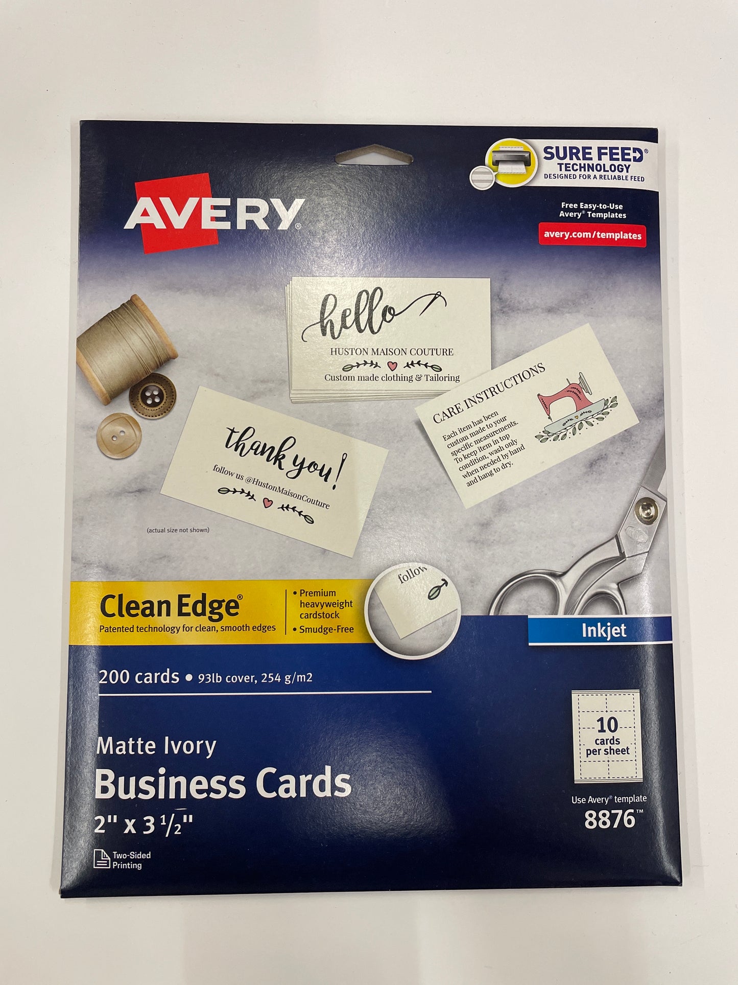 Avery® Clean Edge® Printable Business Cards With Sure Feed® Technology For Inkjet Printers, 2" x 3.5", Ivory, 200 Blank Cards