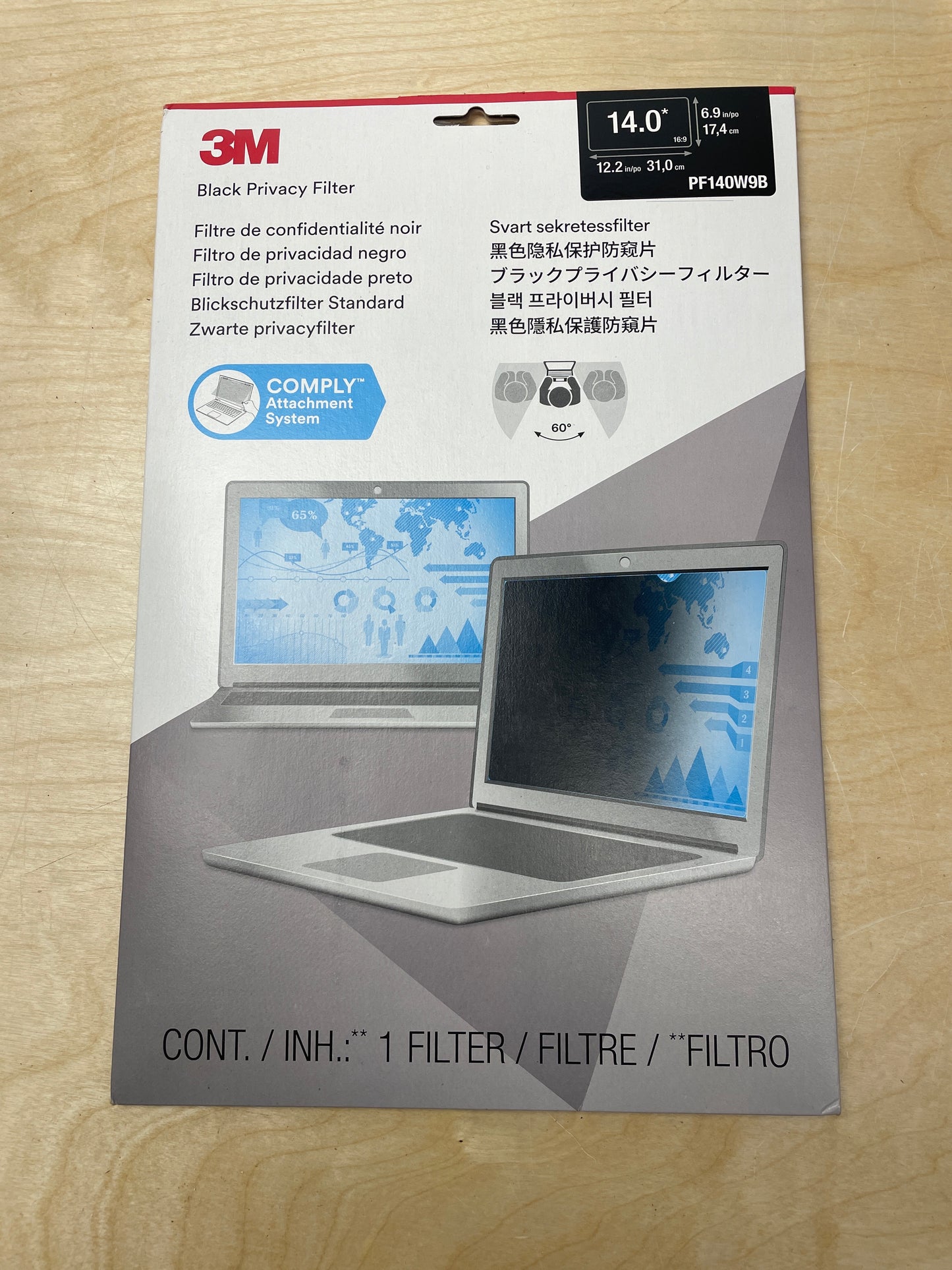 3M Privacy Filter with 3M™ COMPLY™ Flip Attach for Laptops, 14" Full Screen, 16:9 Aspect Ratio, Reduces Blue Light, Anti-Glare - Retail $40