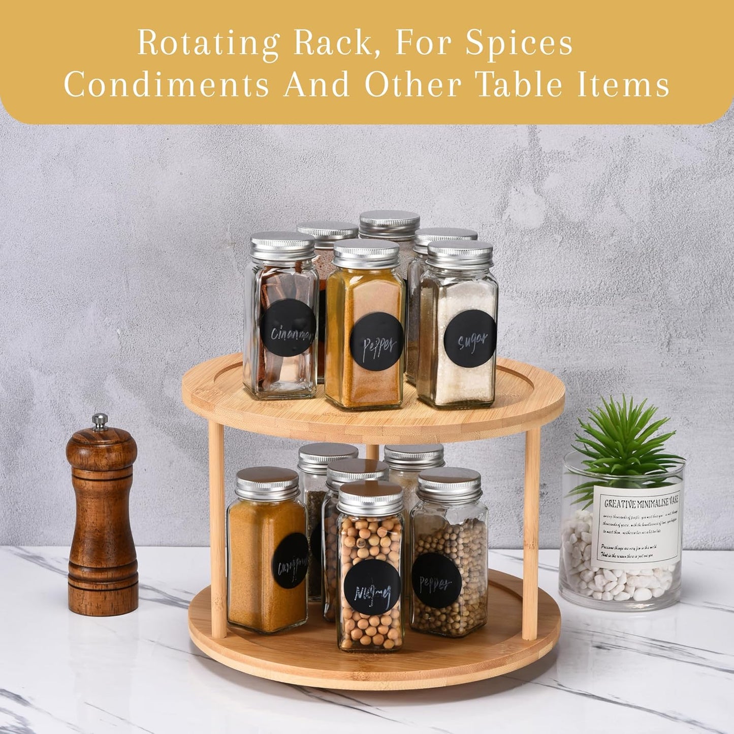 Two-Tier Bamboo Wood Lazy Susan Organizer Kitchen Turntable for Cabinet, Table or Pantry Organization, 10" Diameter & 7" High