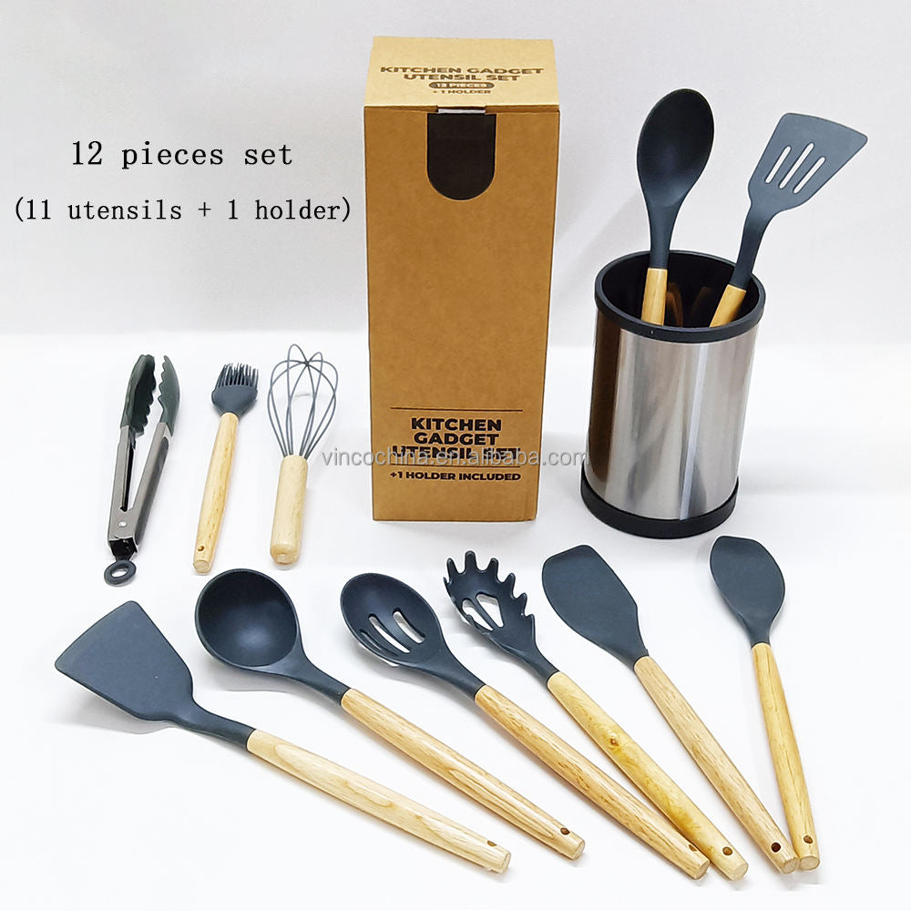 12 Piece Silicone Cooking Utensils Set, Wooden Handles with Stainless Steel Holder