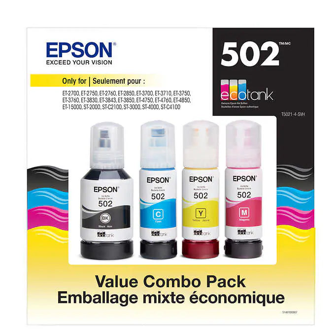 NEW - Epson T502 EcoTank Ink Bottles BK/C/Y/M, Club Pack