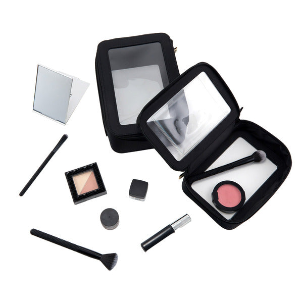 3-Piece Cosmetic Bag Set – Makeup Bag Duo with Compact Mirror, Travel & Everyday Beauty Organizer (Black)