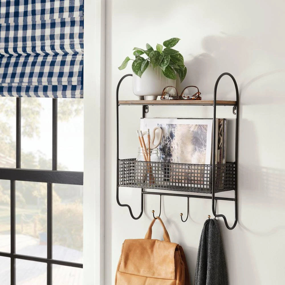 Basket 3 Hooks Wall Organizer Metal Black 20 in. H x 15 in. W x 6 in. D