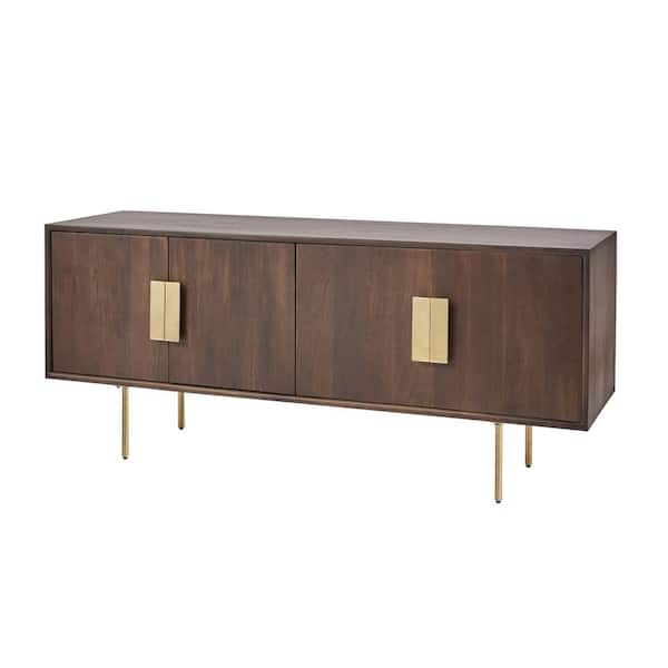 54 in. Mid-Century Modern Walnut Brown Media Cabinet with Gold Metal Accents AC B-0702