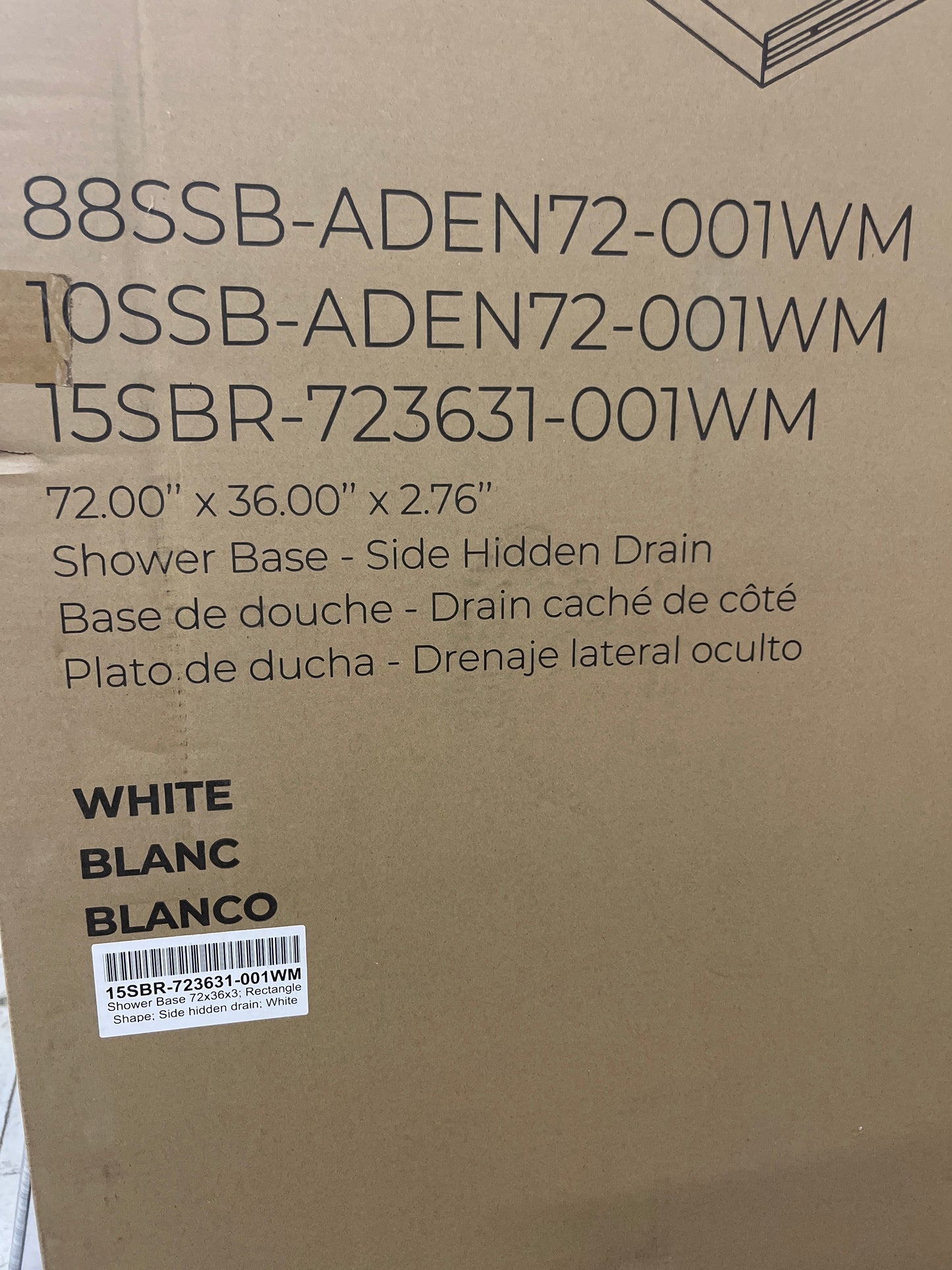NEW - Ove Decors Adena 36" x 72" Rectangular Shower Base with Single Threshold and Reversible Drain - Retail $420