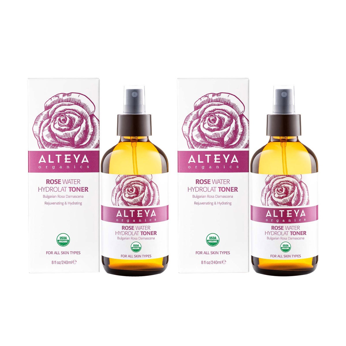 NEW - Alteya Organics Bulgarian Rose Water Toner, 8 fl oz, 2-pack