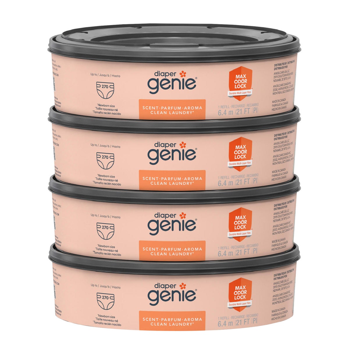 Diaper Genie Clean Laundry Scent Round Refill 4-pack, 1080-count, Plus 2 Carbon Filters