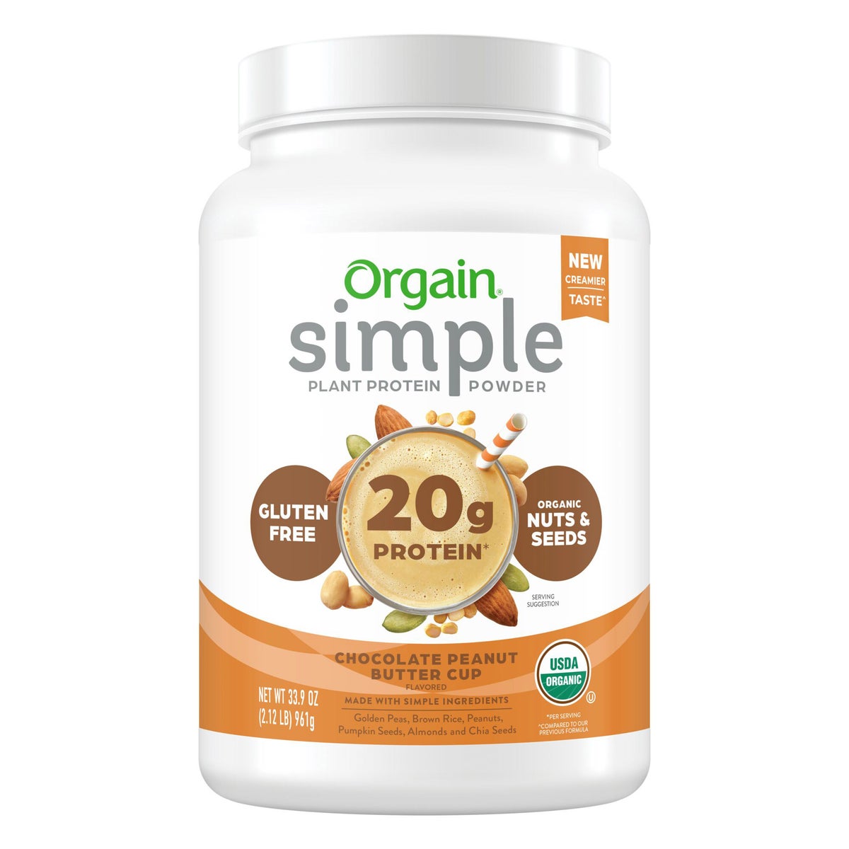 Orgain USDA Organic Simple Plant Protein Powder, Chocolate Peanut Butter Cup, 32.6 oz