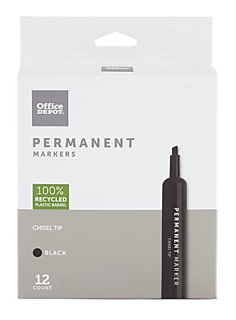 Office Depot® Brand Permanent Markers, Chisel Point, 100% Recycled Plastic Barrel, Black Ink, Pack Of 12