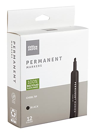 Office Depot® Brand Permanent Markers, Chisel Point, 100% Recycled Plastic Barrel, Black Ink, Pack Of 12