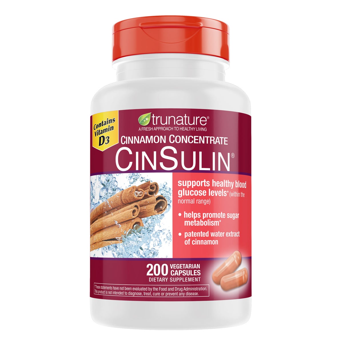 NEW - trunature Cinnamon Concentrate Cinsulin 500mg, 200 Vegetarian Capsules