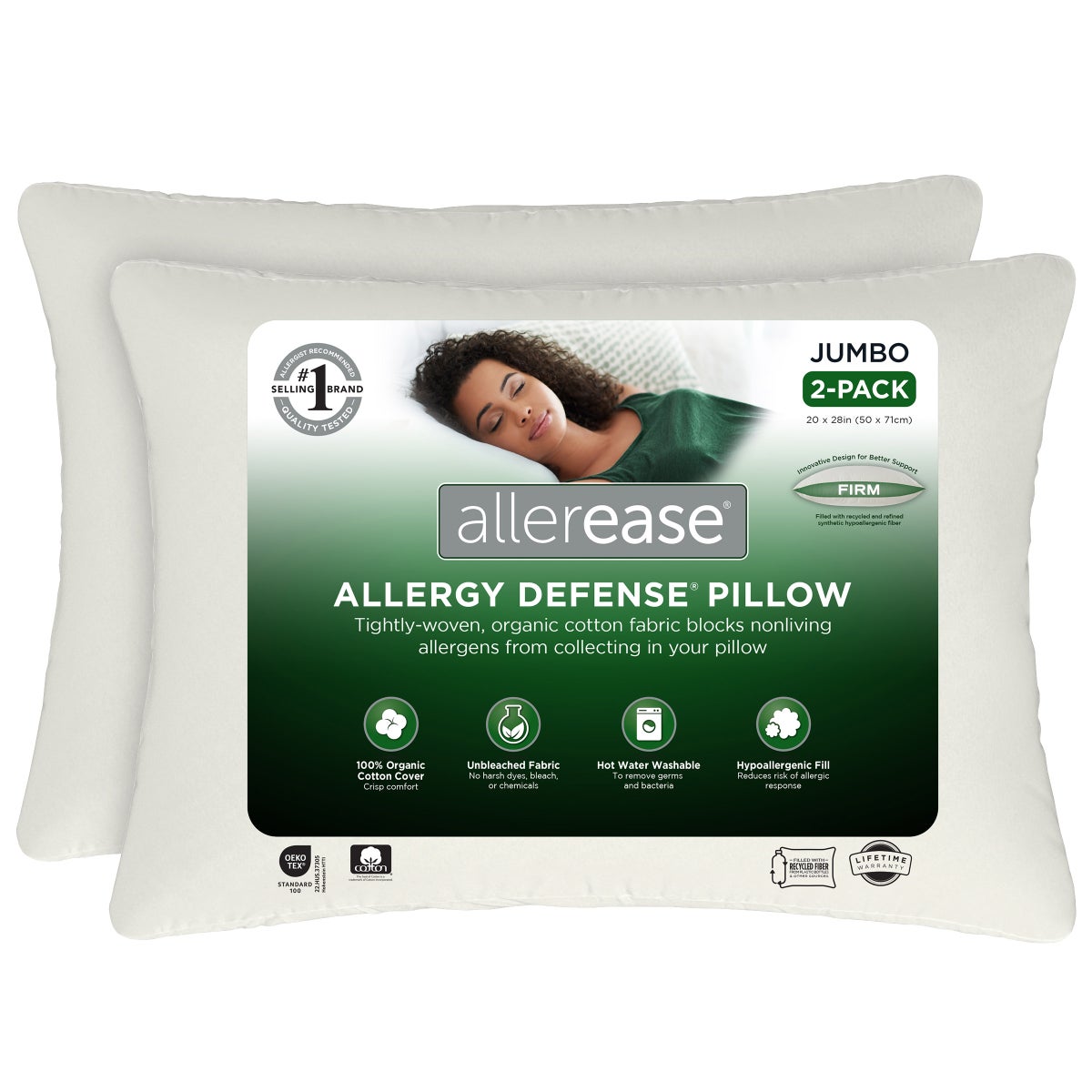 NEW - AllerEase Organic Cotton Top Allergy Protection Pillow, 2-pack