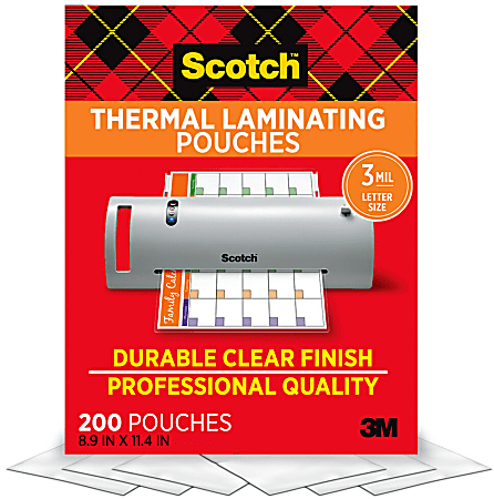 Scotch® Thermal Laminating Pouches, 3 mil., Fits Letter Size (8.9 in. × 11.4 in.) Paper, 200-PK