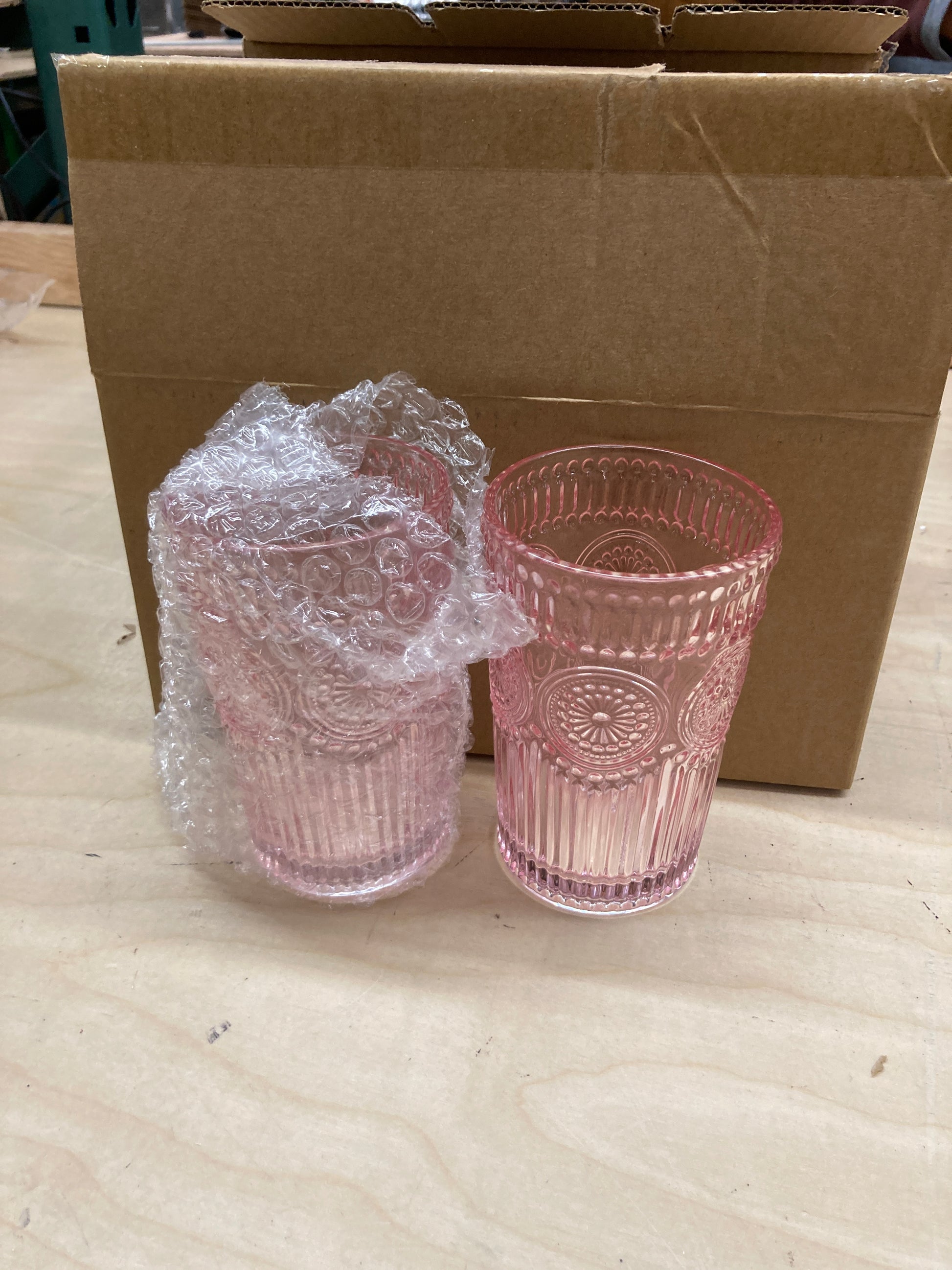 Vintage Textured Pink Striped Drinking Glasses Set of 6 - 13 oz Ribbed Glassware with Flower Design| Cocktail Set, Juice Glass, Water Cups, Kitchen Glasses Default Title