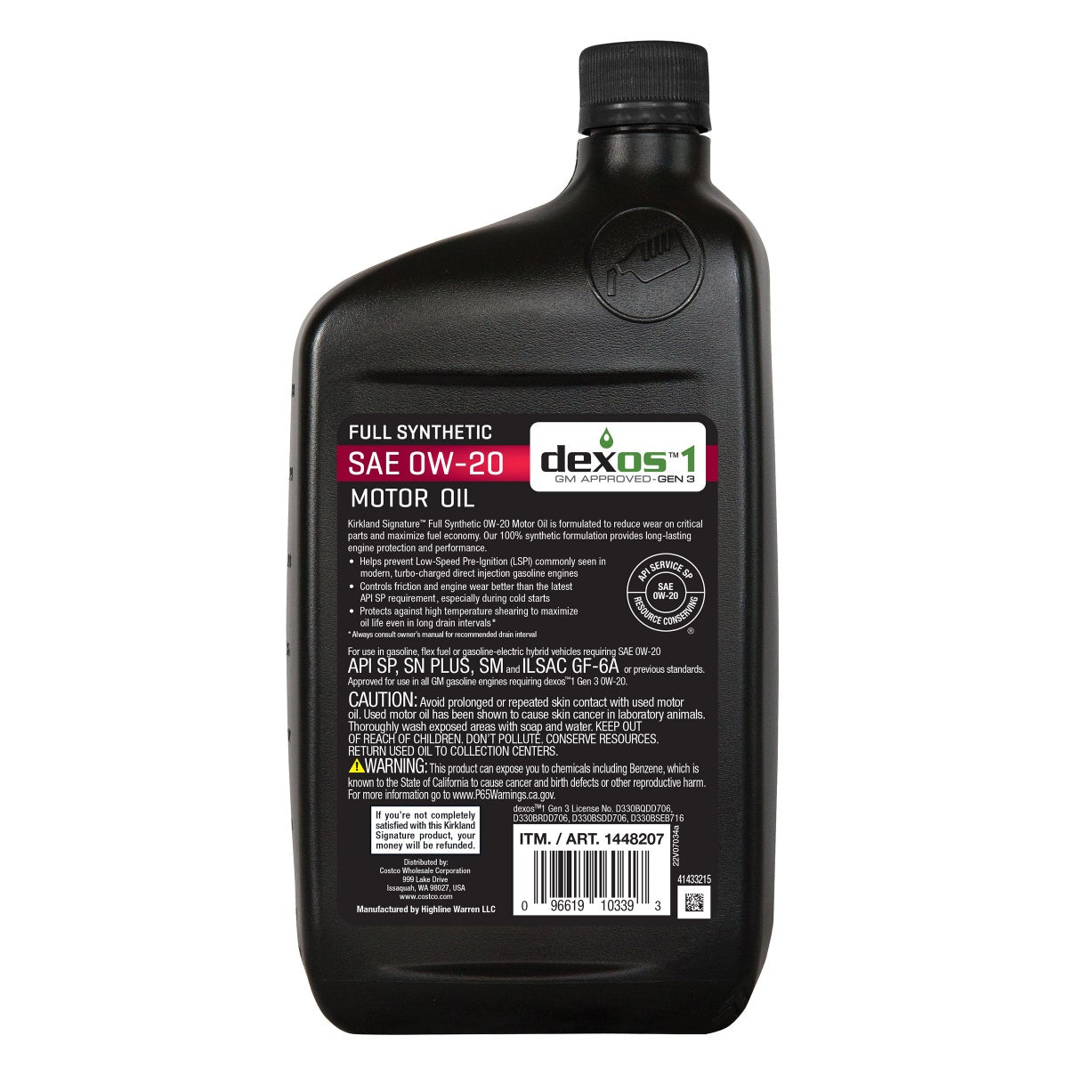 Kirkland Signature 0W-20 Full Synthetic Motor Oil 1-Quart, 12-pack