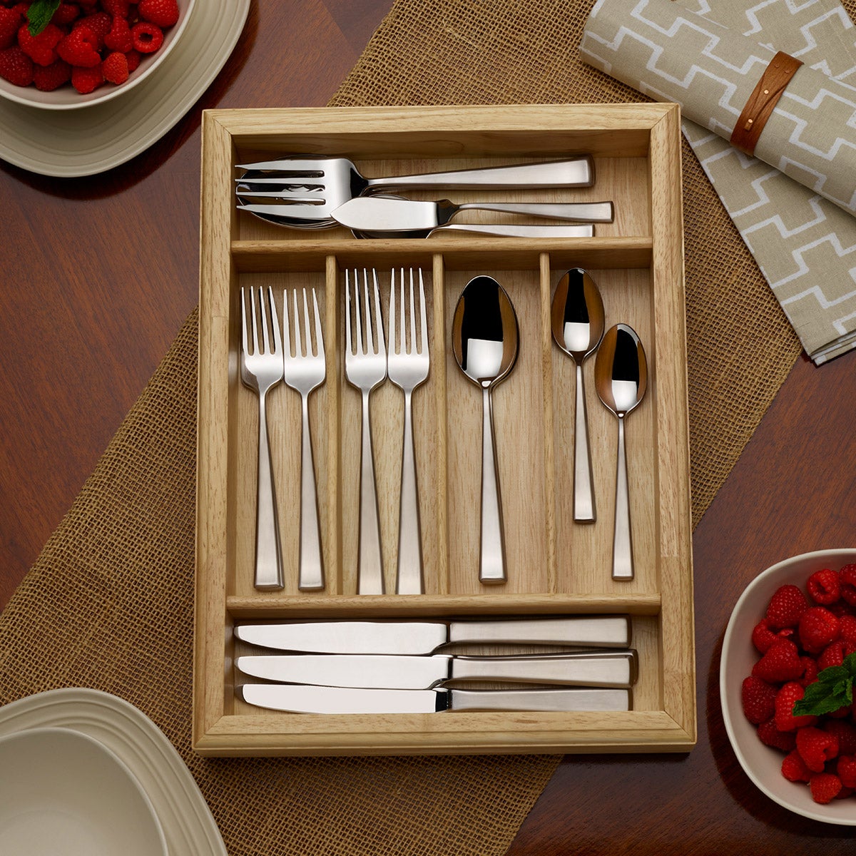 Mikasa Essex Satin 65-Piece Stainless Steel Flatware Set with Wood Caddy - Retail $140